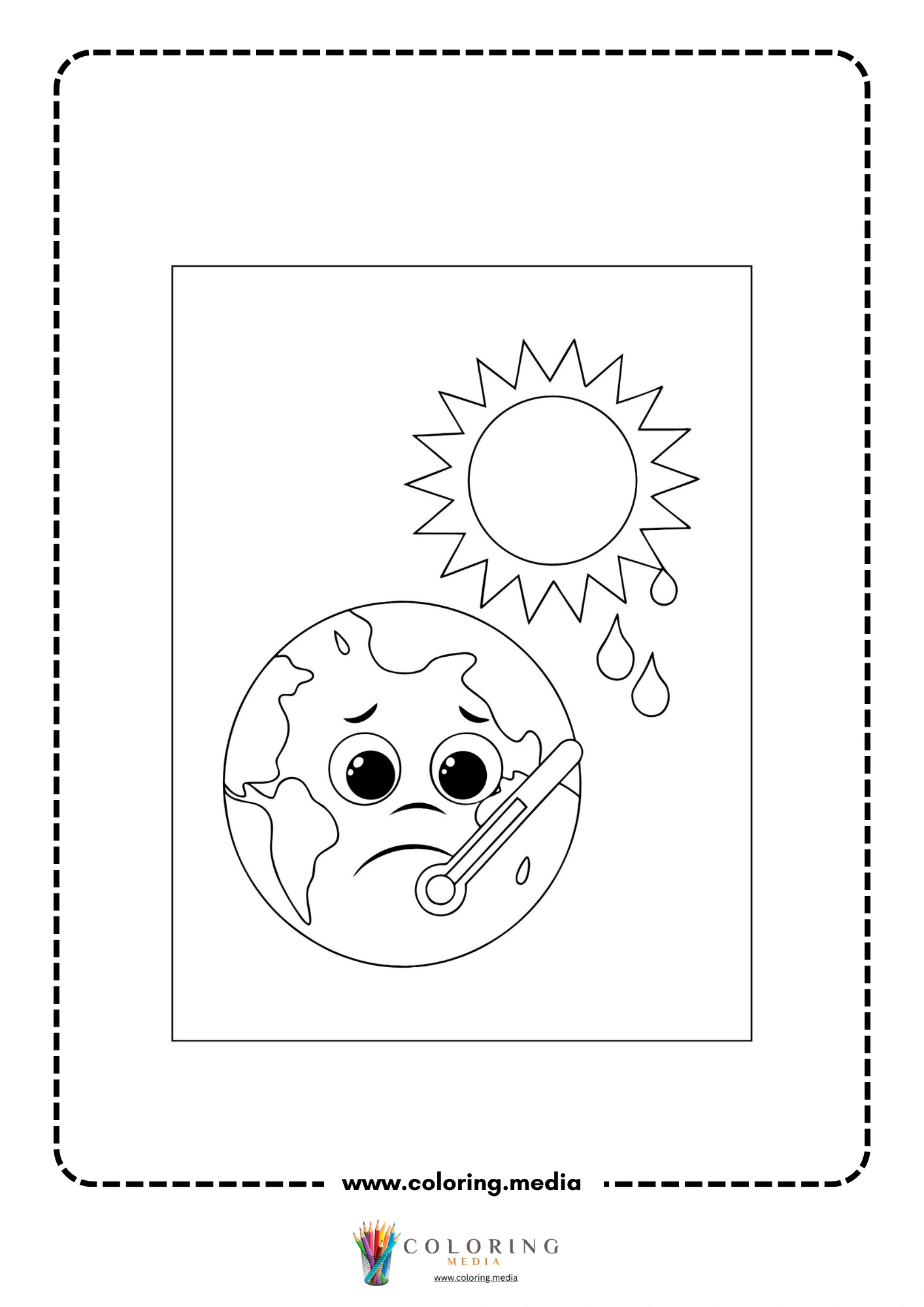 Global warming coloring page with hot weather and environmental change