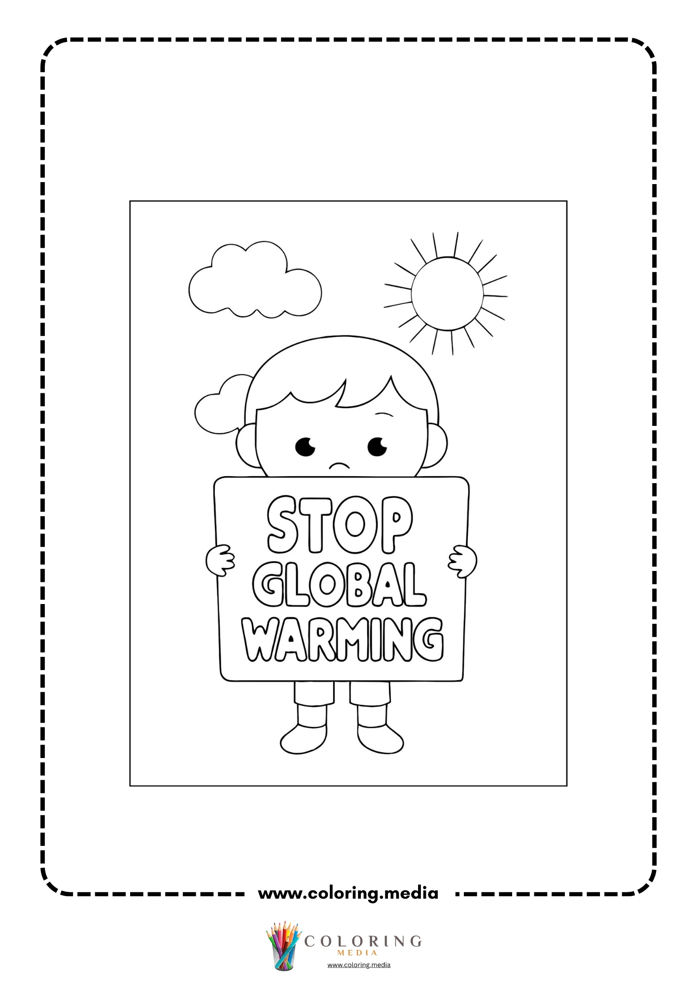 Global warming coloring page with simple Earth science illustration