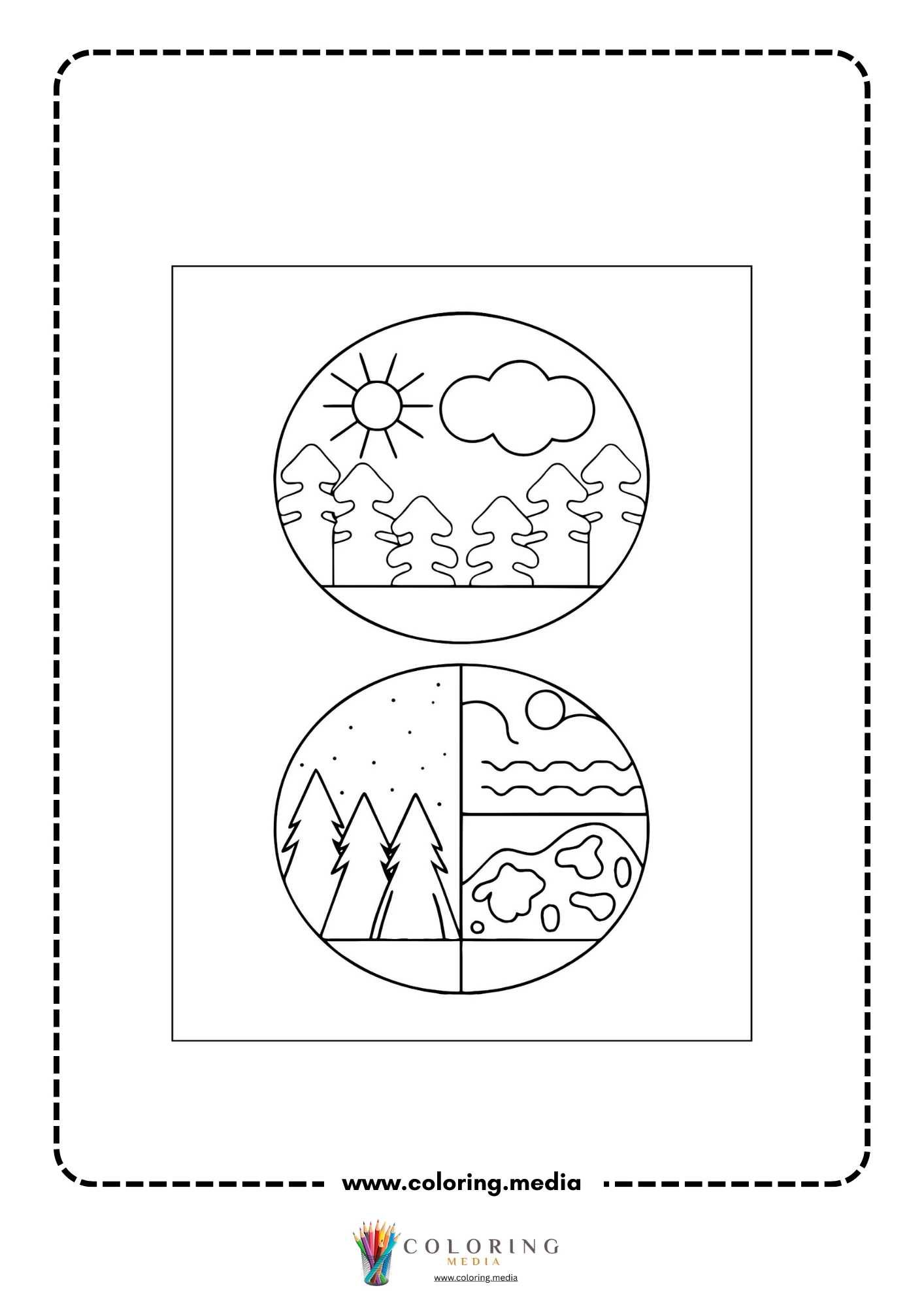 Global warming coloring page with sun heat and dry landscape
