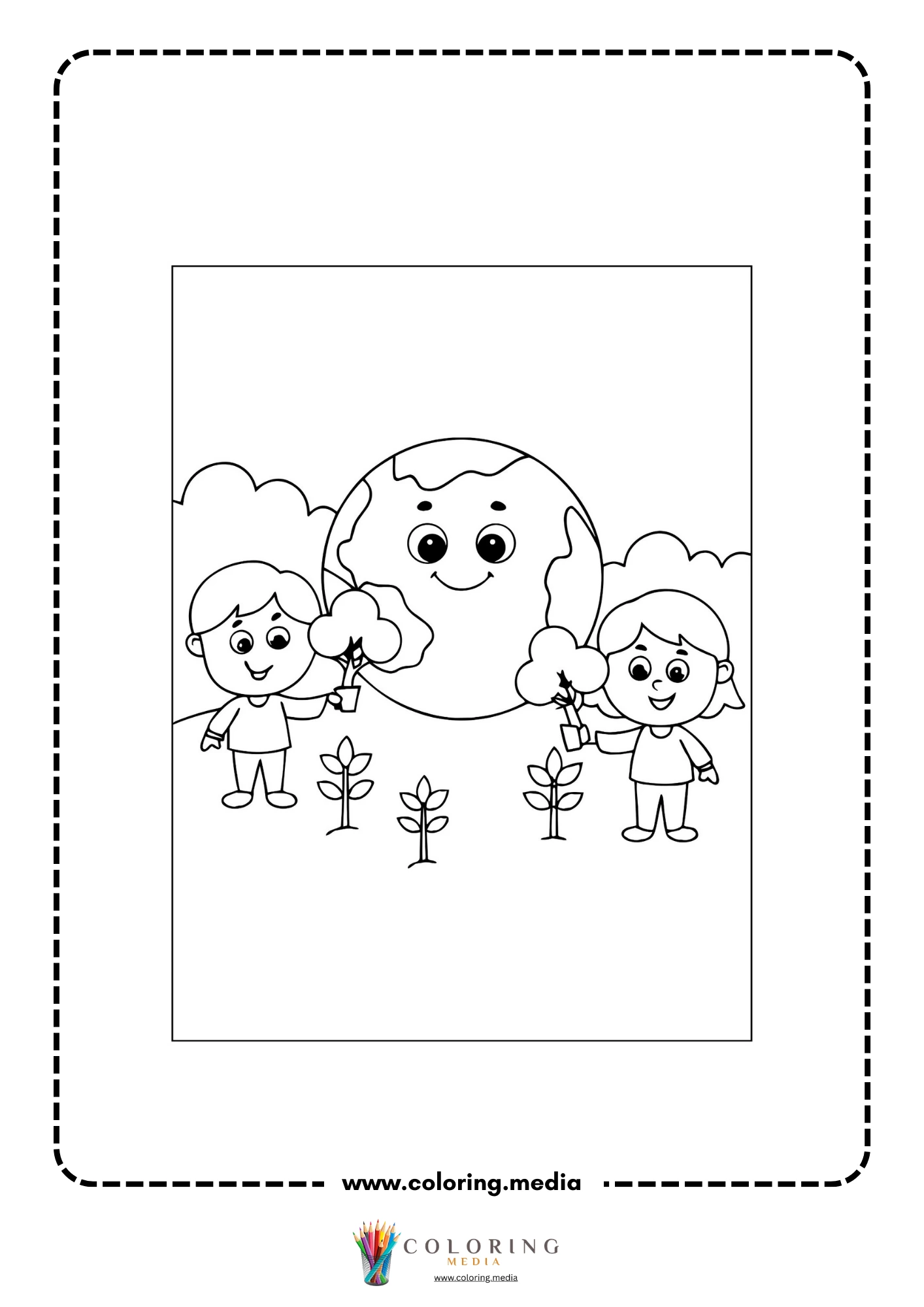 Global warming coloring page with planet Earth and nature symbols
