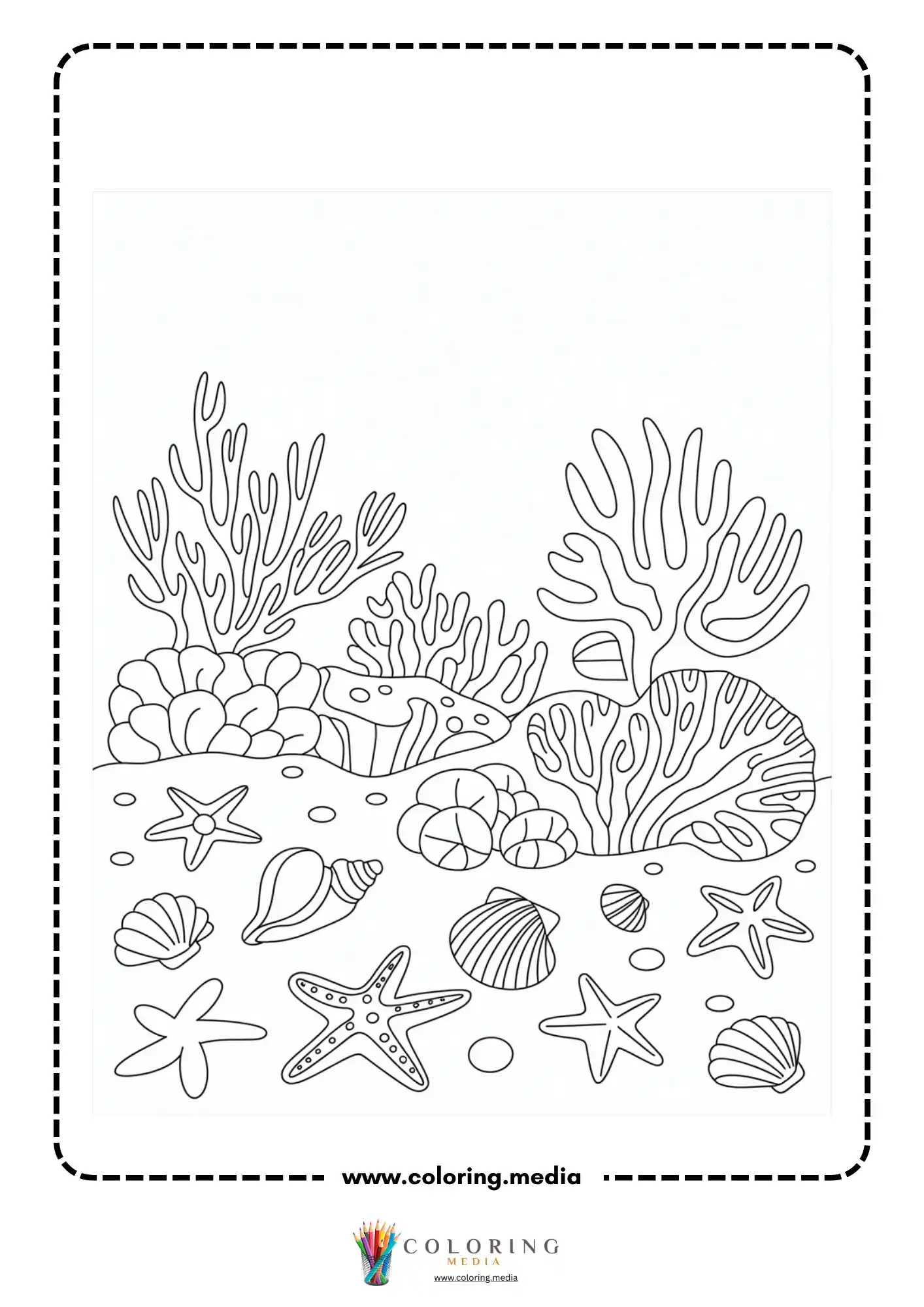 Ocean coloring page with seaweed, coral, and small fish