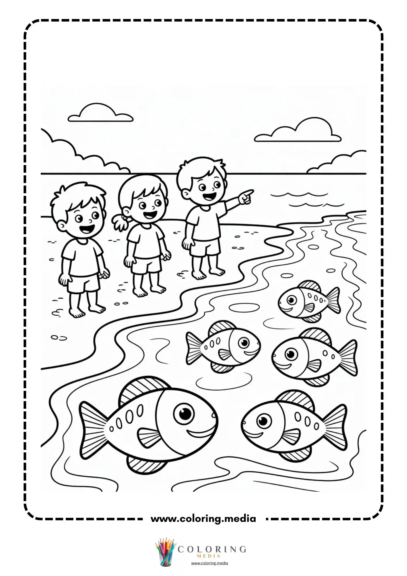 Ocean coloring page with fish school and sea plants