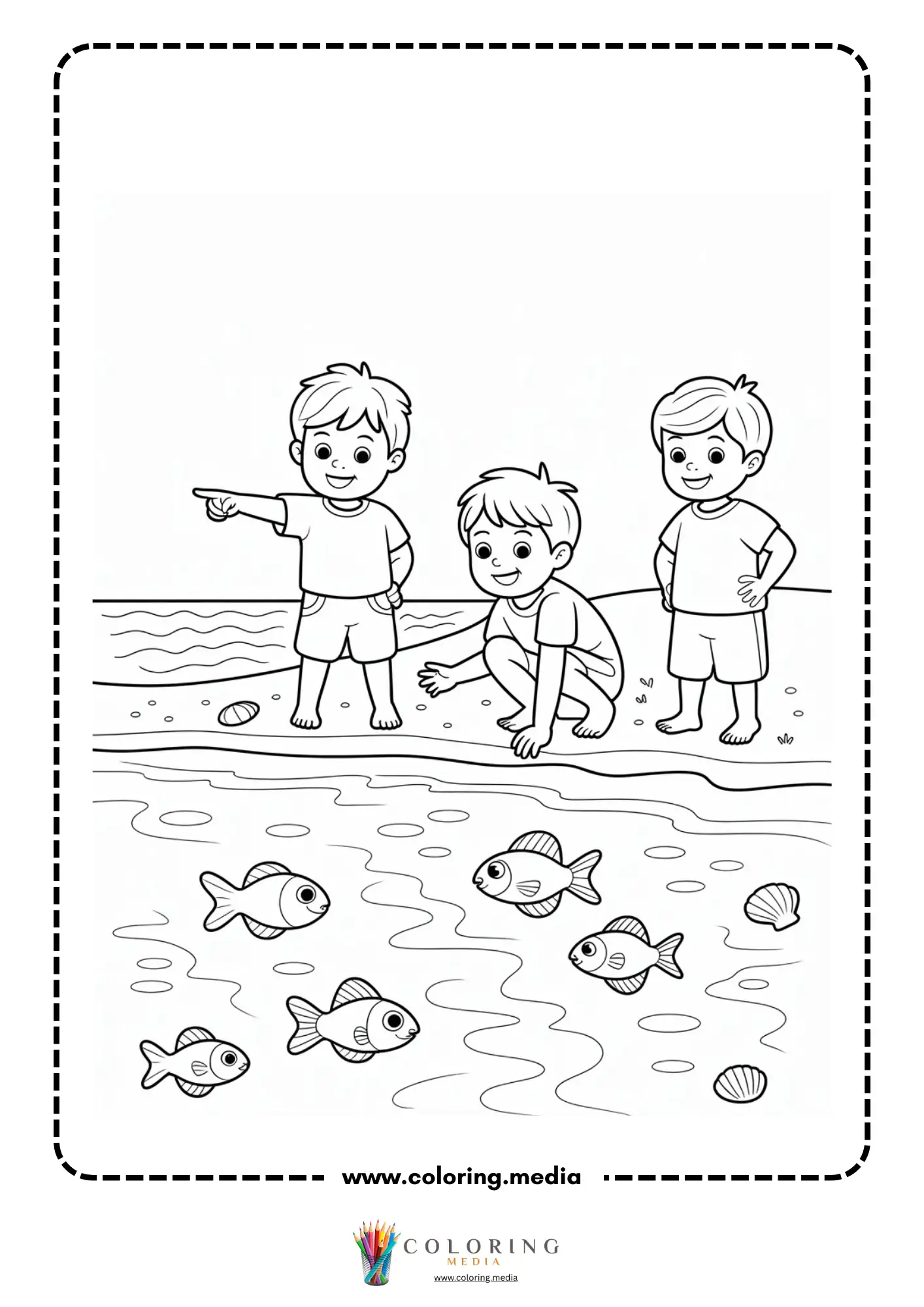 Ocean coloring page with smiling fish and wavy seaweed