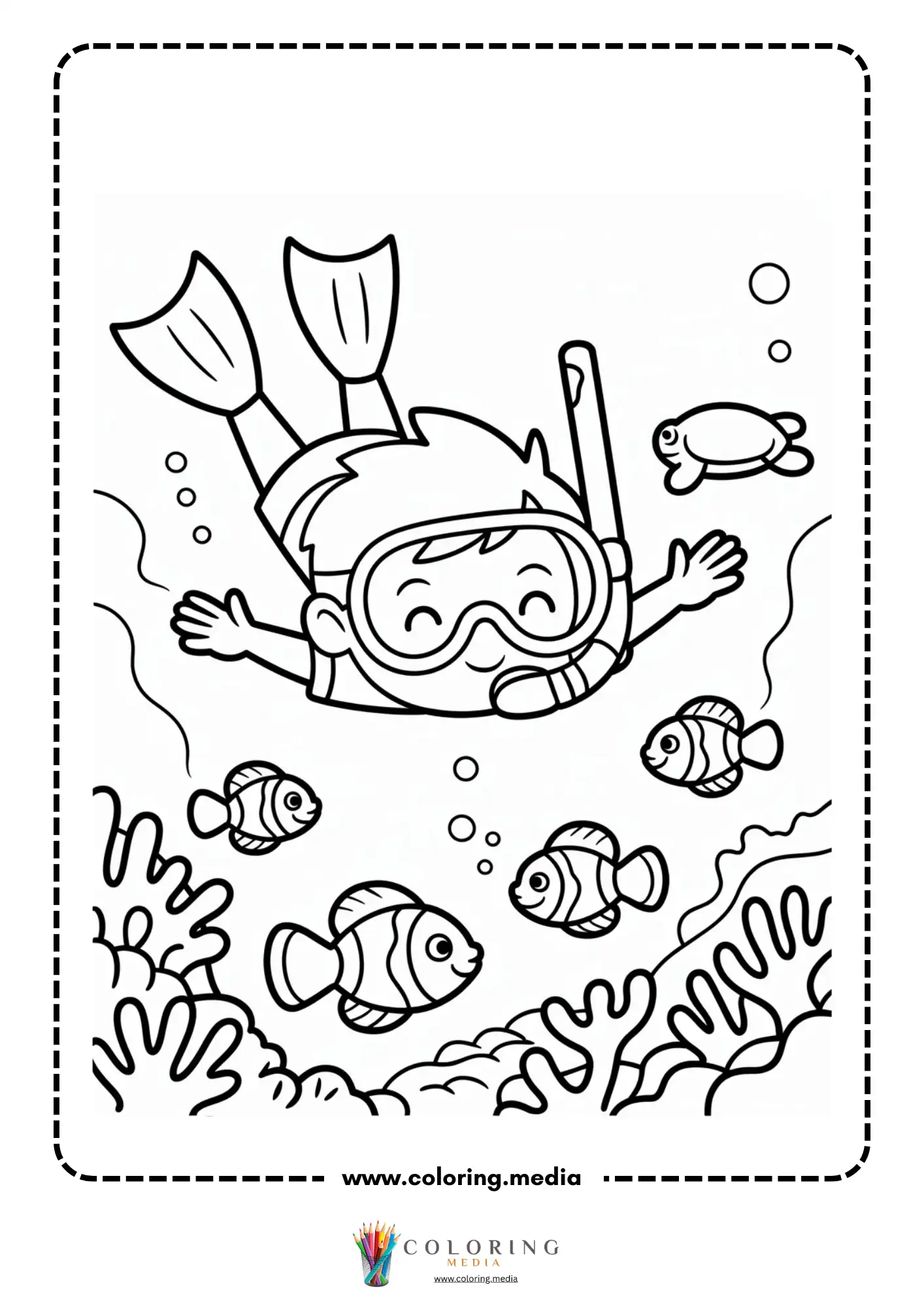 Ocean coloring page with shells and coral on sea floor