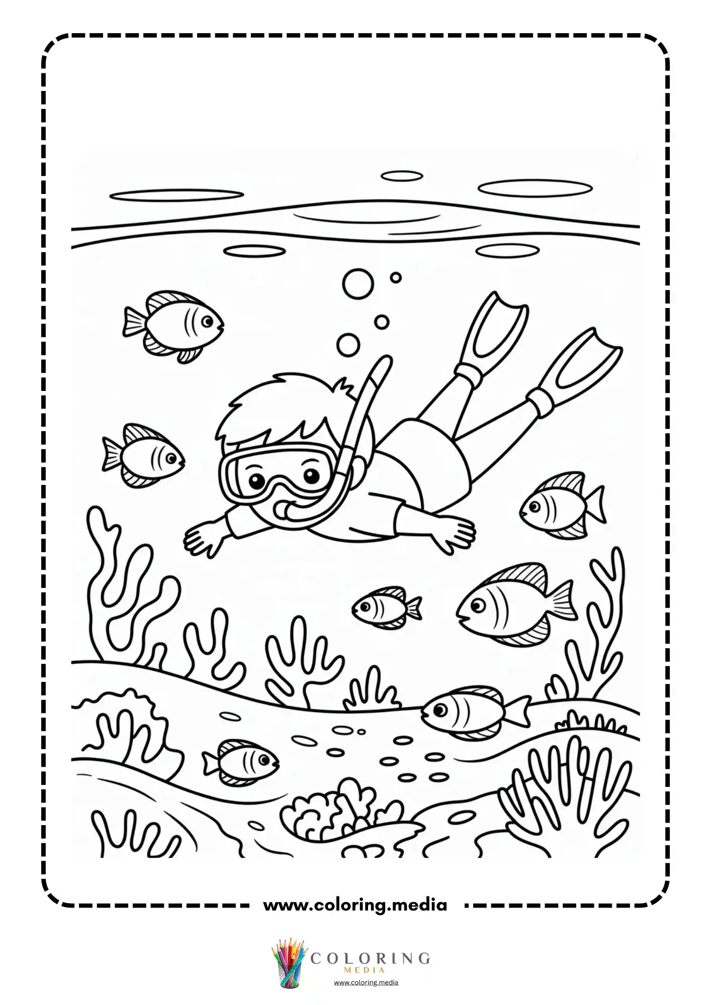 Ocean coloring page with tropical fish and reef details