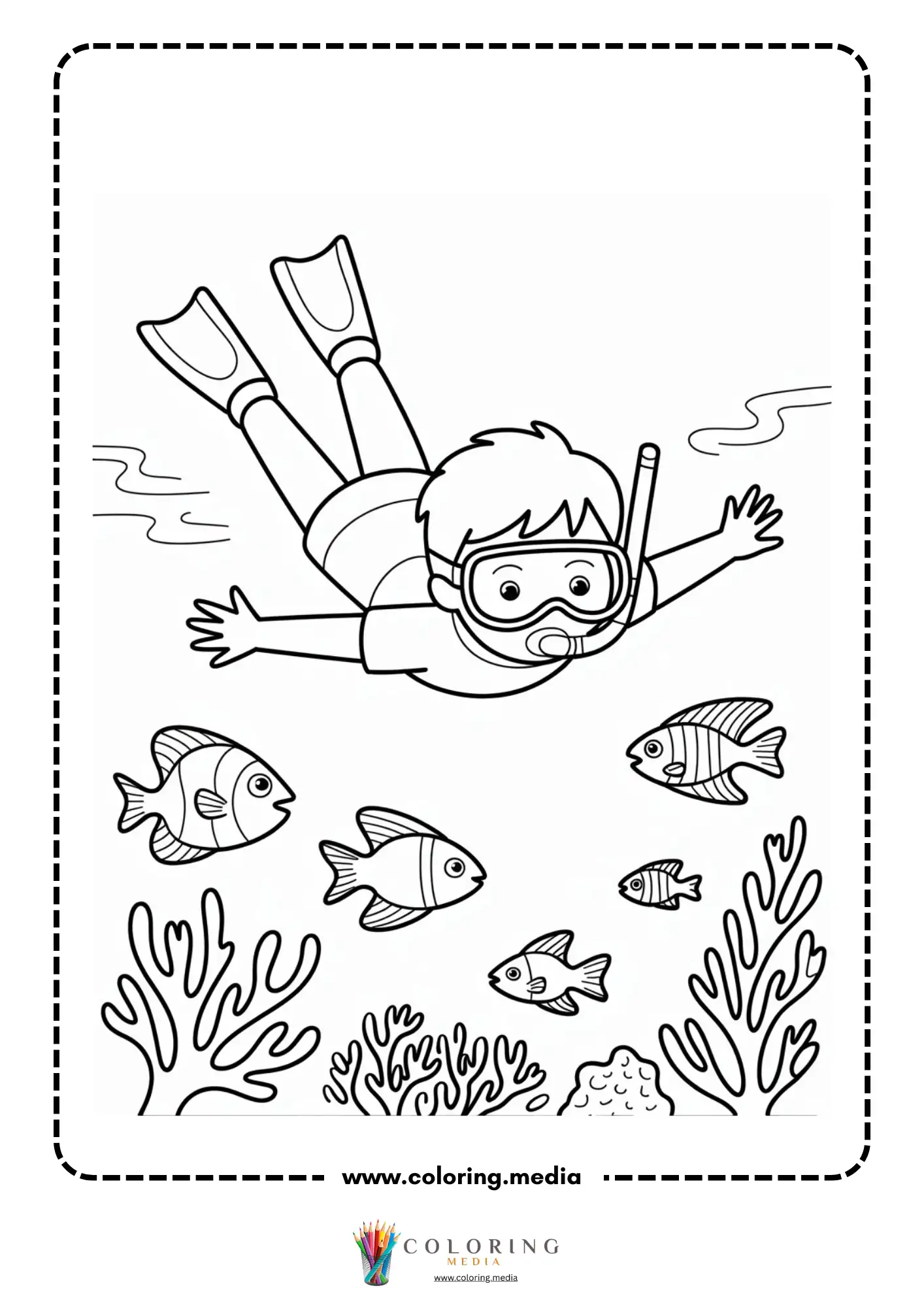 Ocean coloring page with ocean plants and bubbles