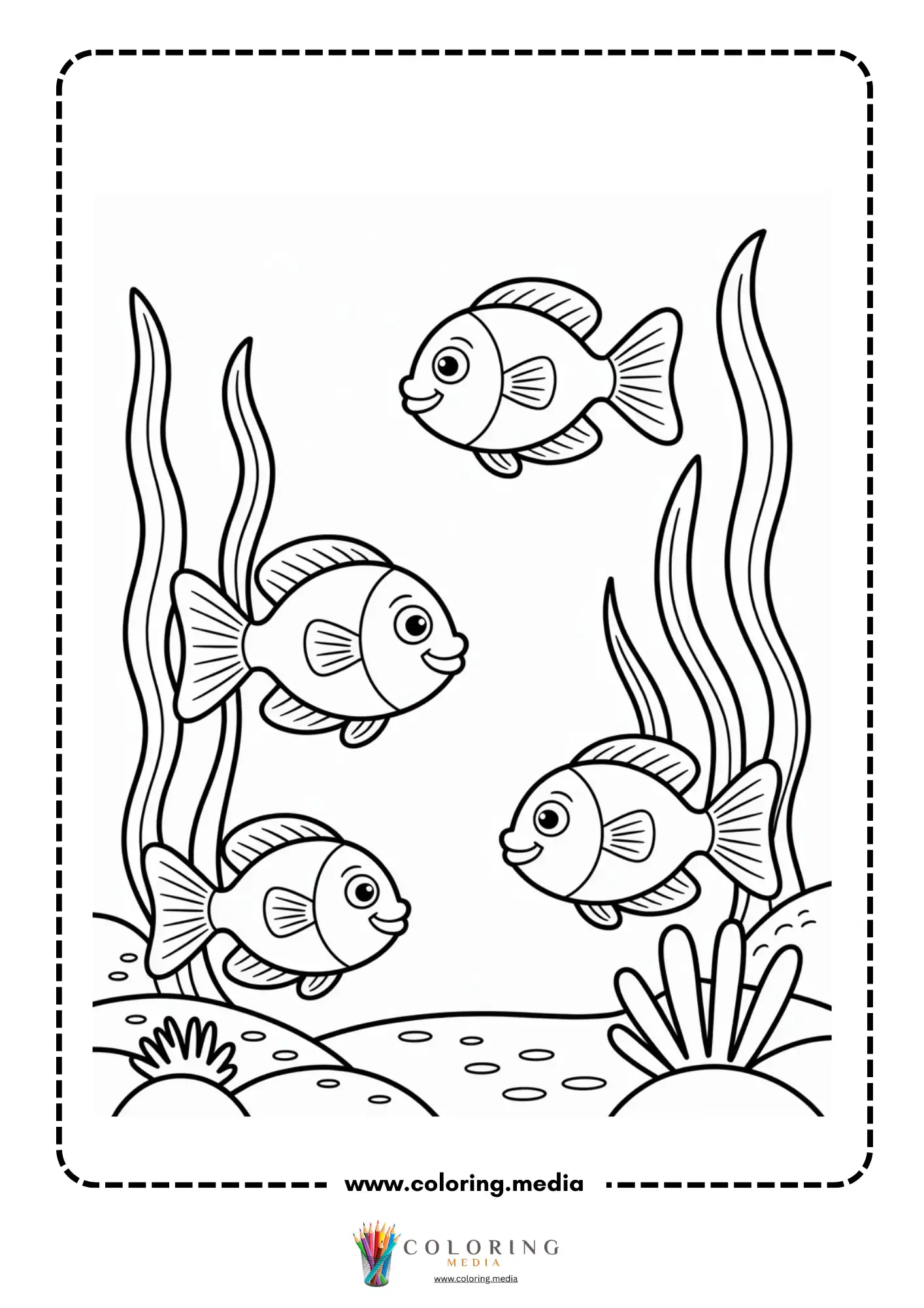 Ocean coloring page with underwater fish and sea plants