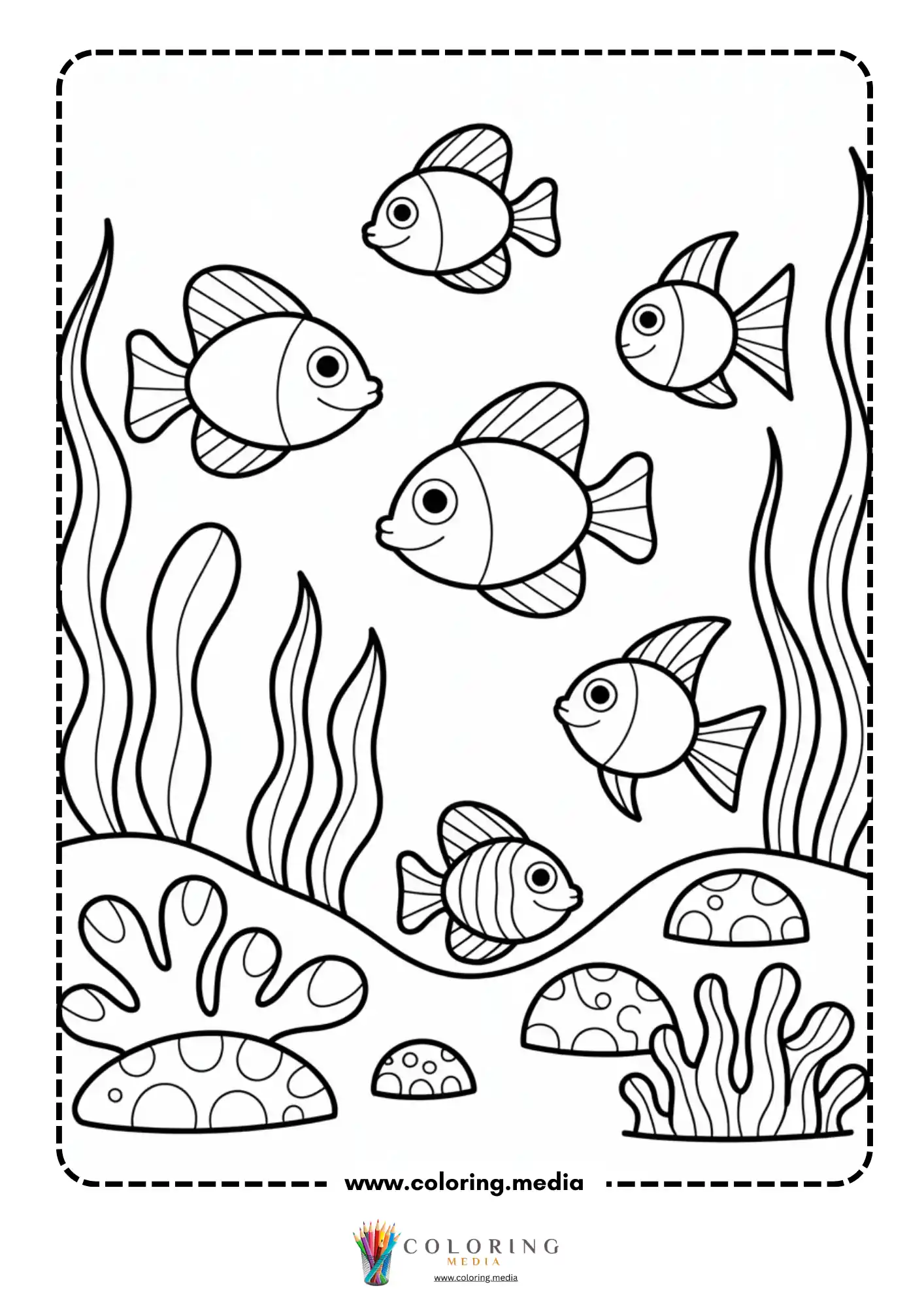 Ocean coloring page with coral reef and swimming fish