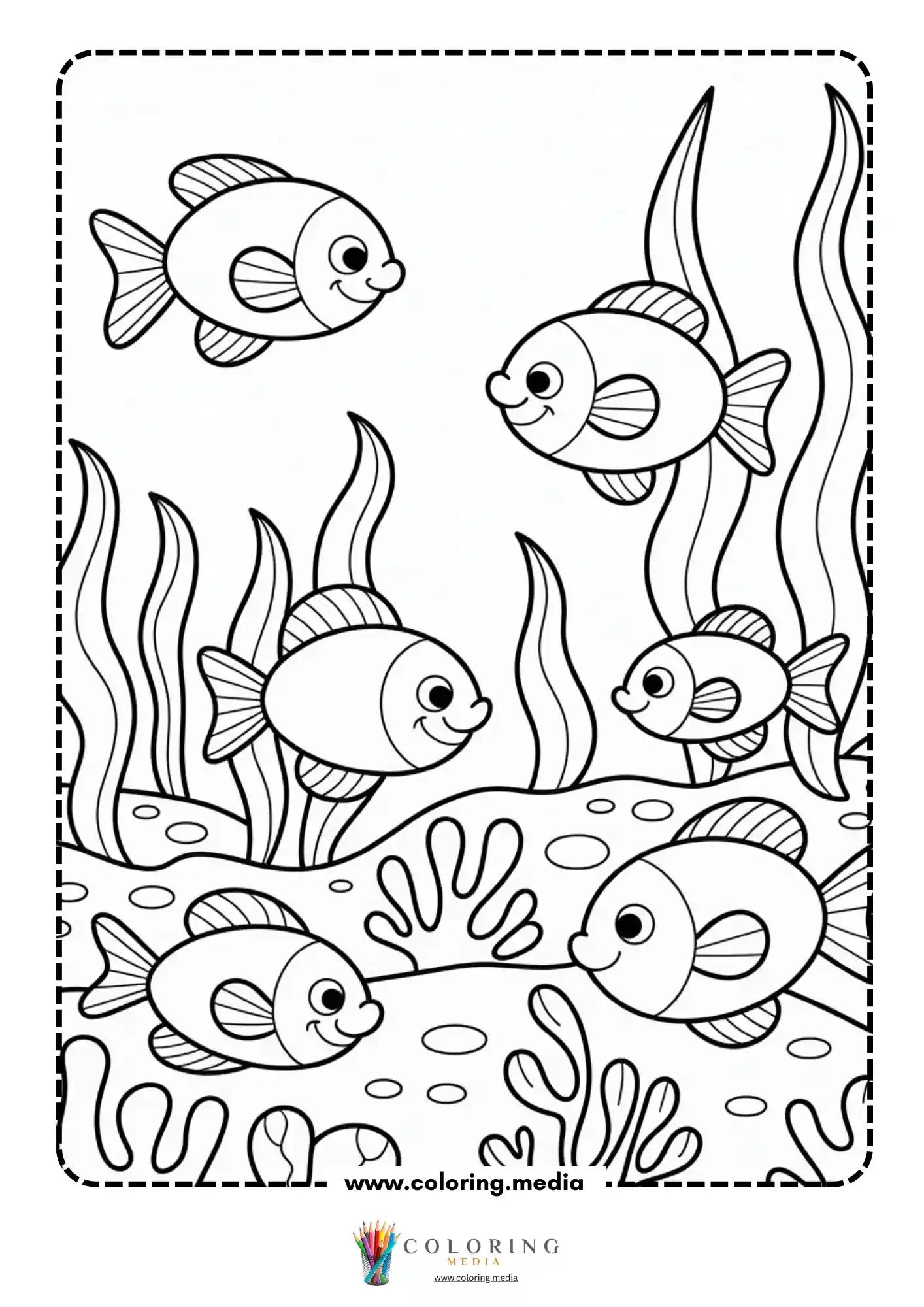 Ocean coloring page with sea life and ocean floor plants