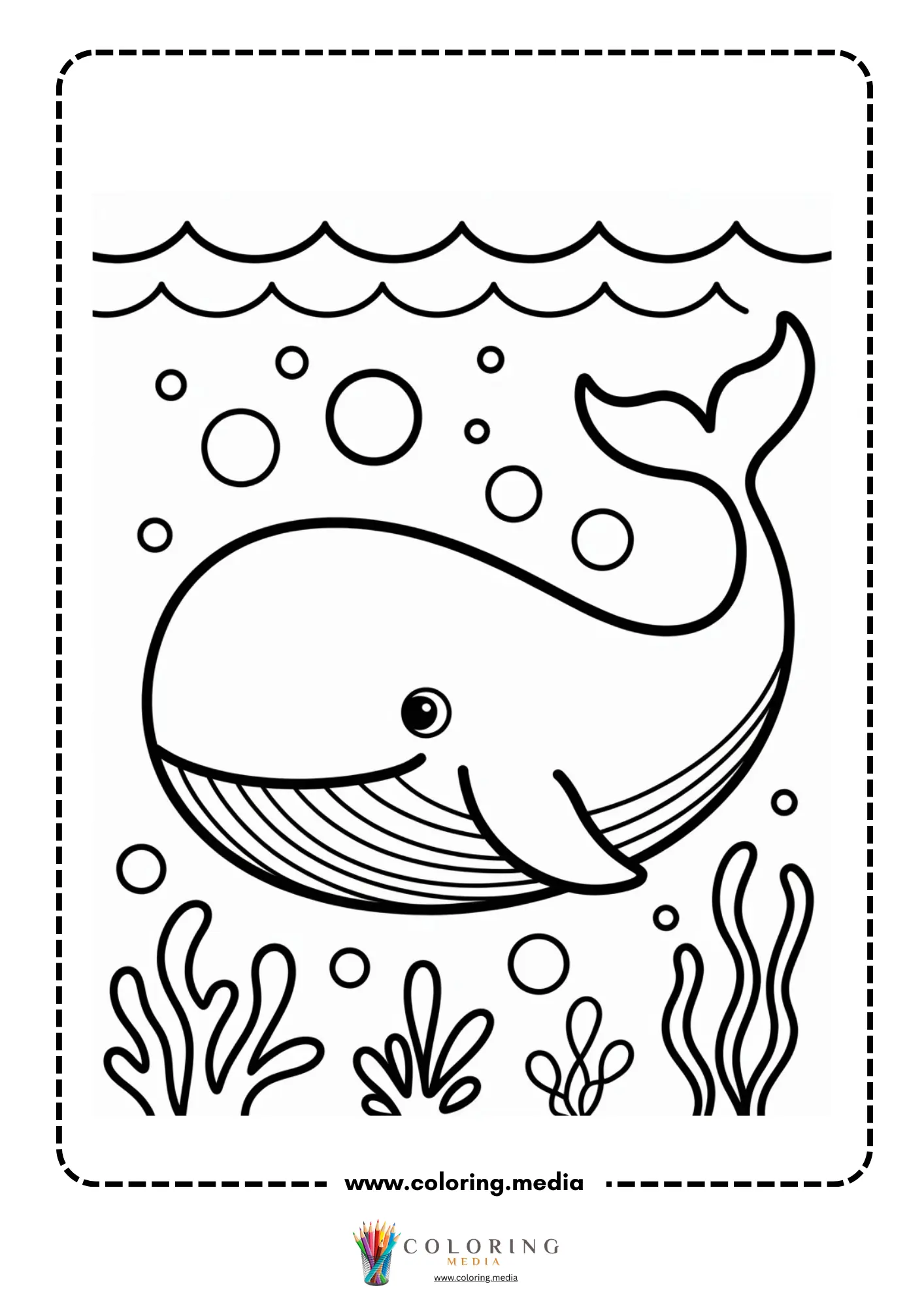 Ocean coloring page with sea animals and ocean plants
