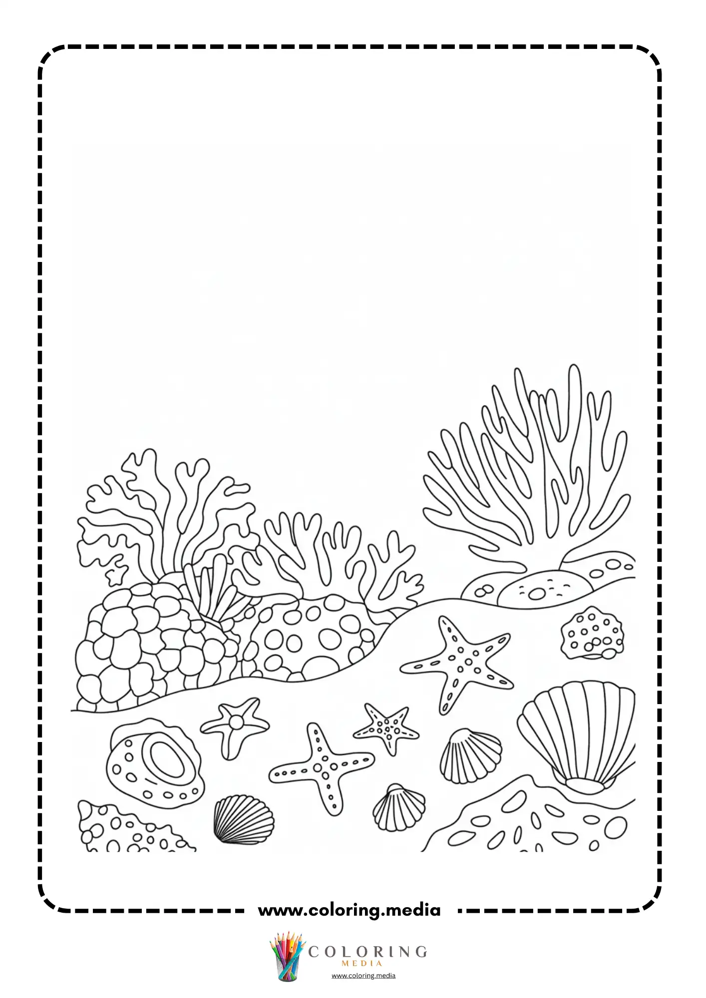 Ocean coloring page with reef fish and coral shapes