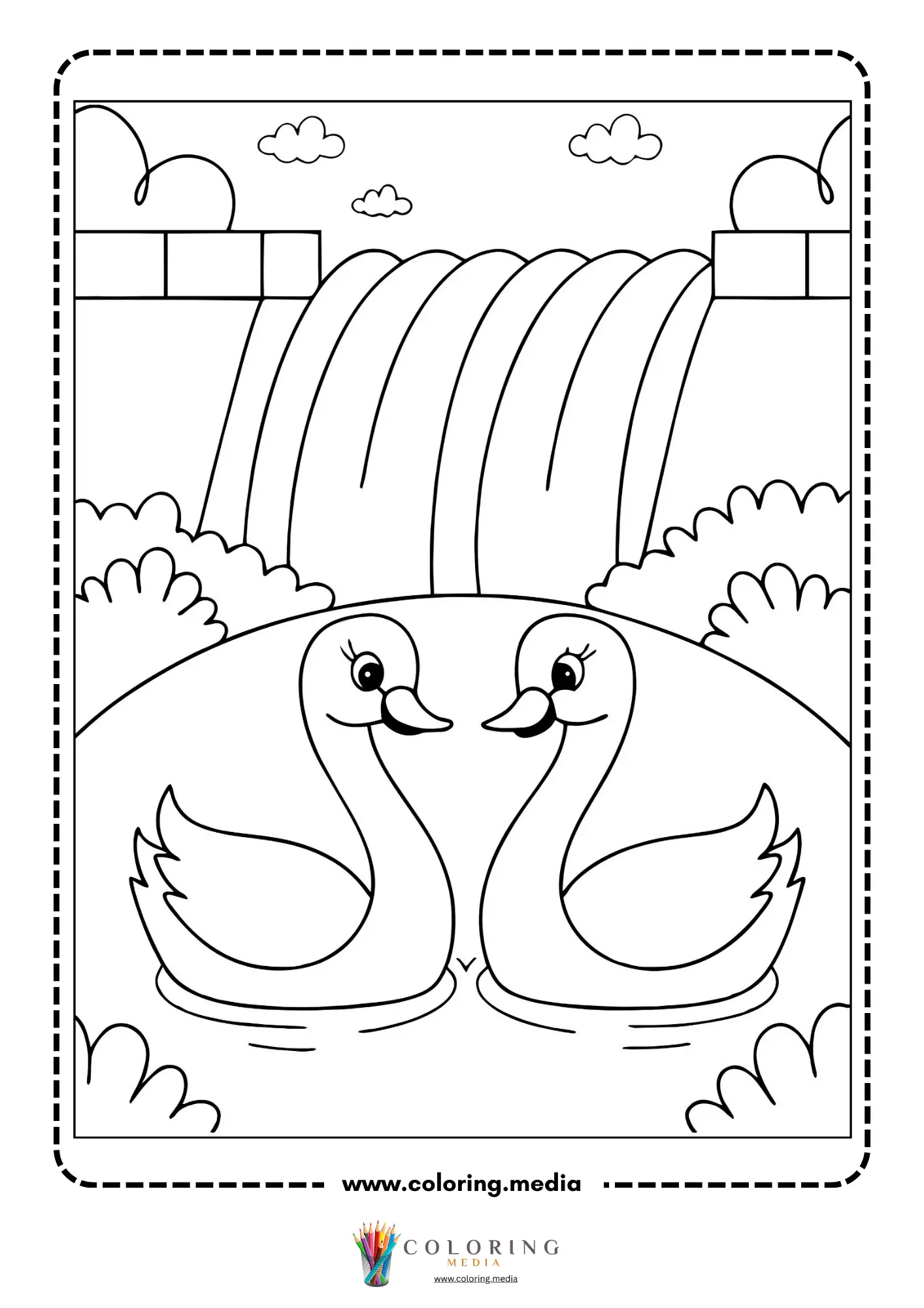 Renewable energy coloring page with waterfall hydropower scene and swans