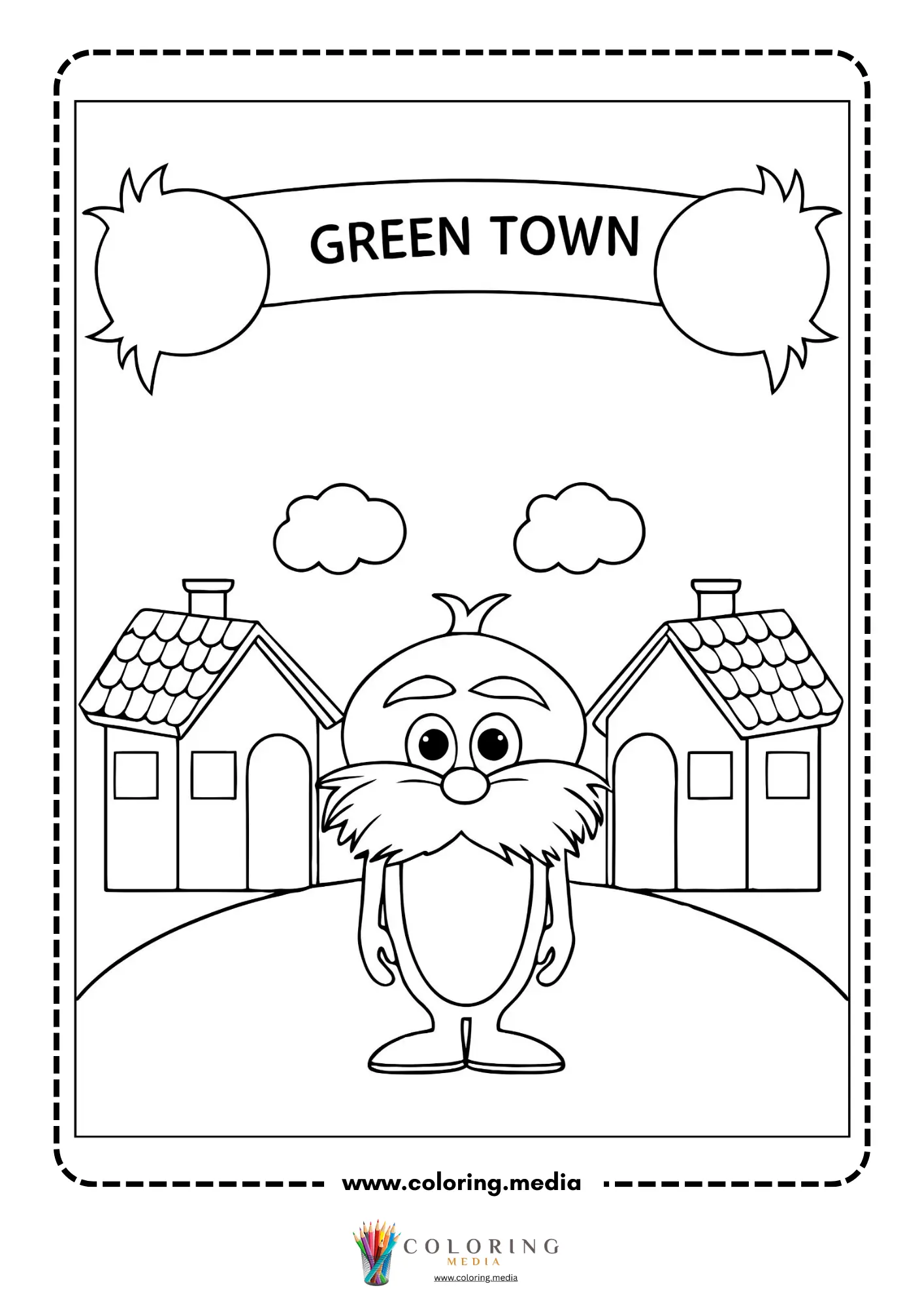 Renewable energy coloring page with Green Town sign and friendly character