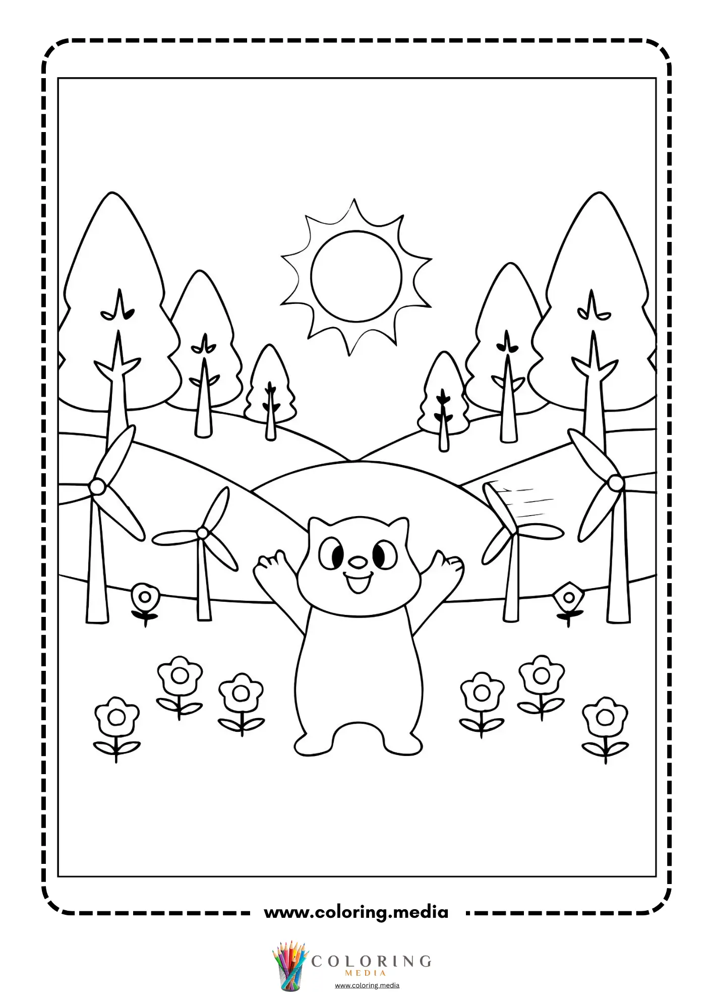 Renewable energy coloring page with solar panels wind turbines and trees