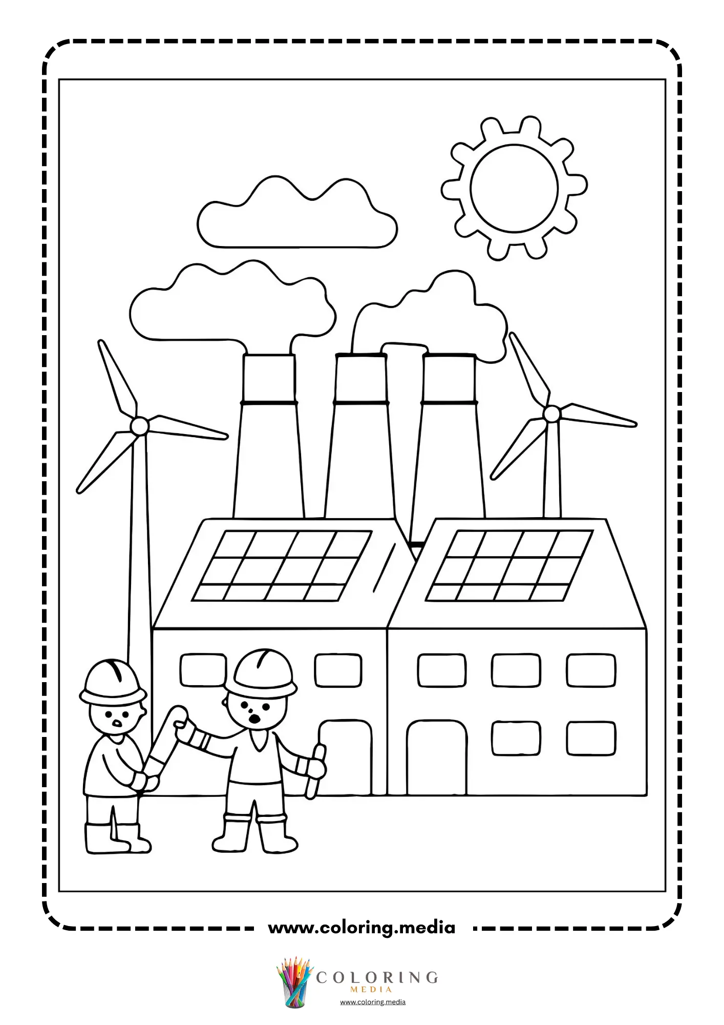 Renewable energy coloring page with clean energy icons and nature scene