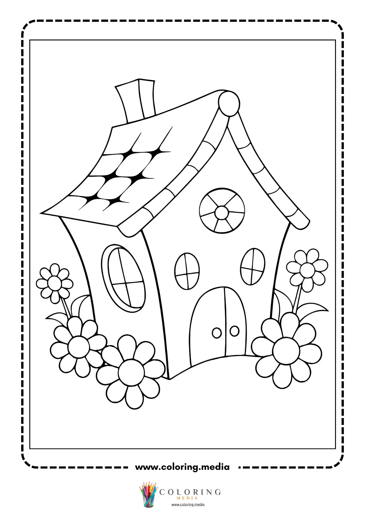 Renewable energy coloring page with solar roof cottage and flowers
