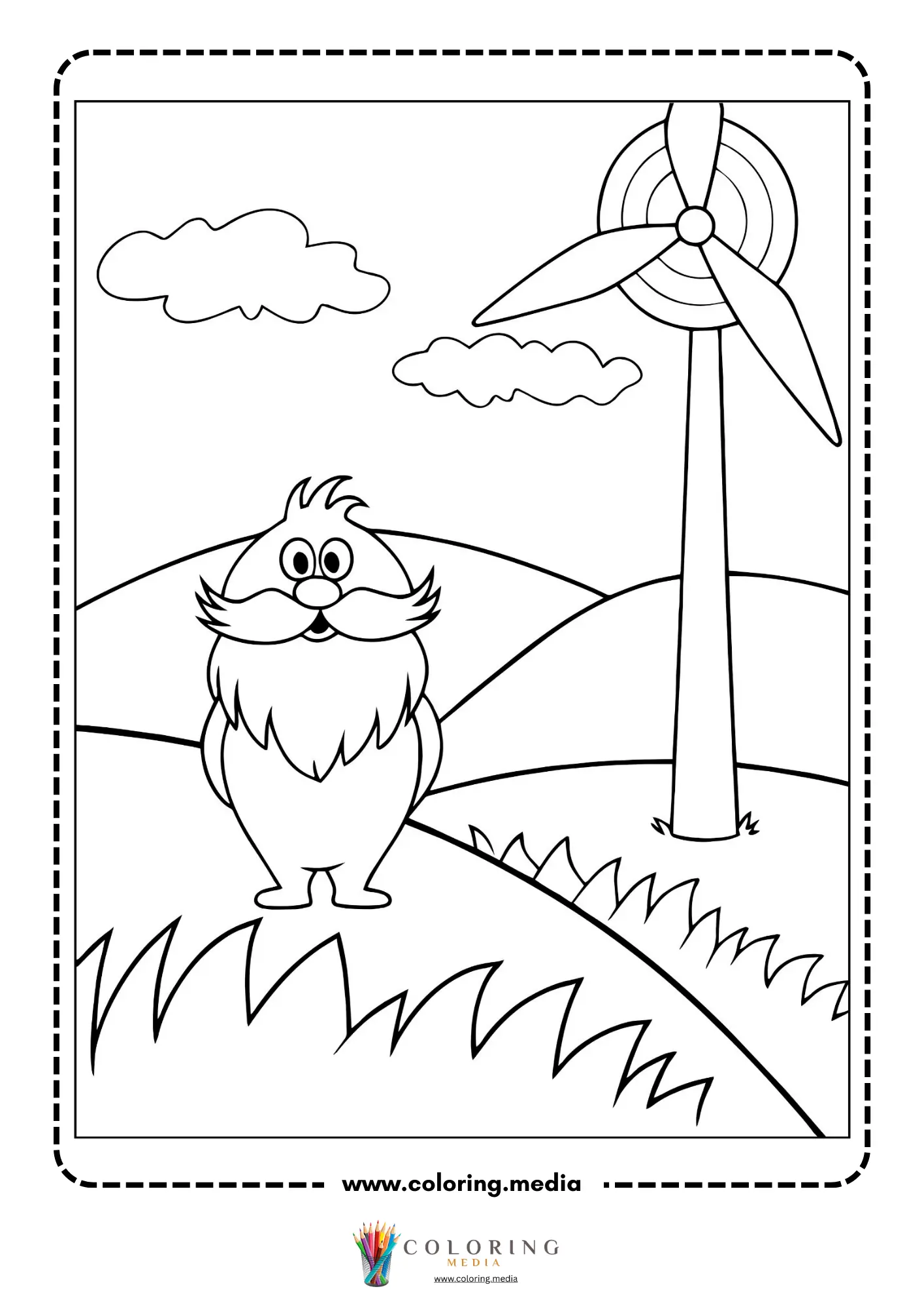 Renewable energy coloring page with water power and river scene