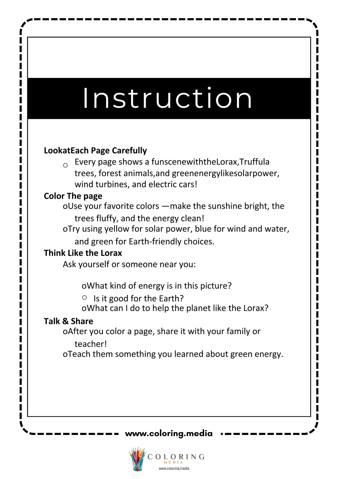 Renewable energy coloring page with instructions for green energy activity