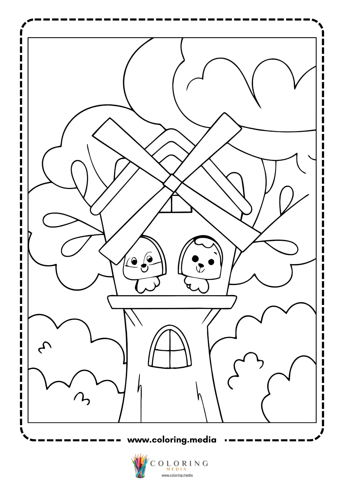 Renewable energy coloring page with wind turbines on rolling hills