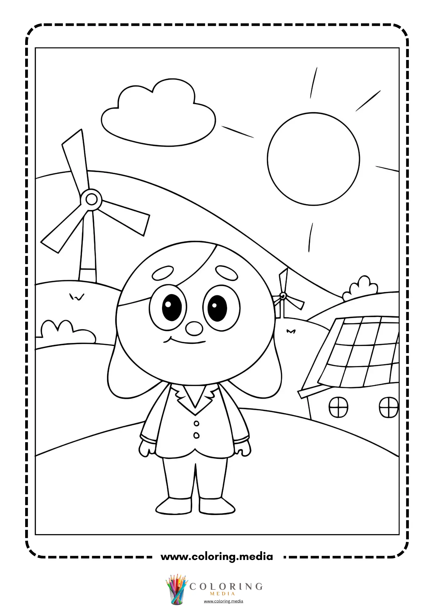 Renewable energy coloring page with solar roof house and garden