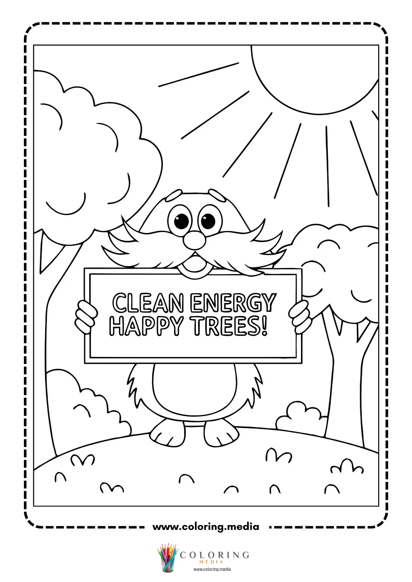 Renewable energy coloring page with wind power and fluffy clouds