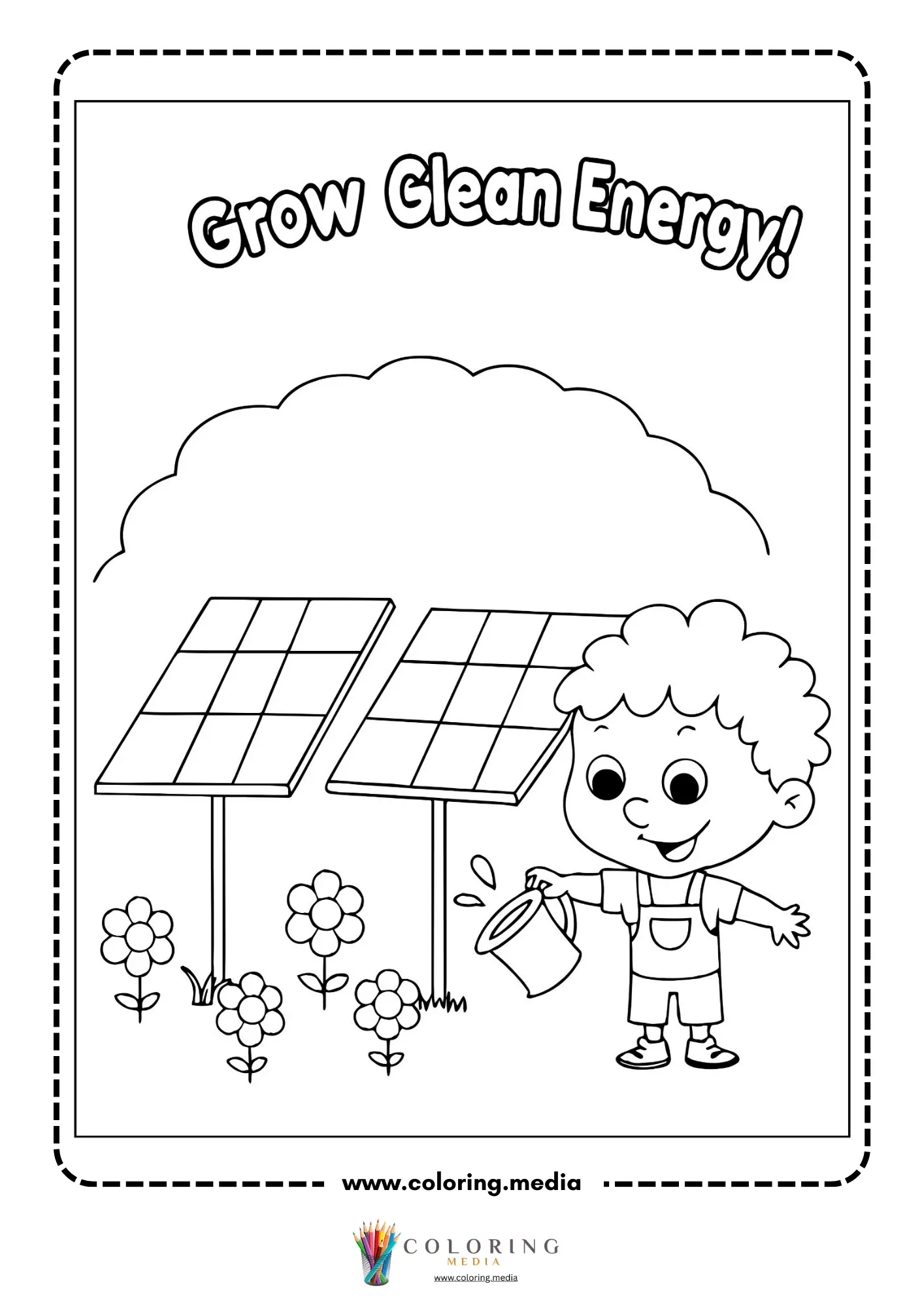 Renewable energy coloring page with hydro dam and flowing water