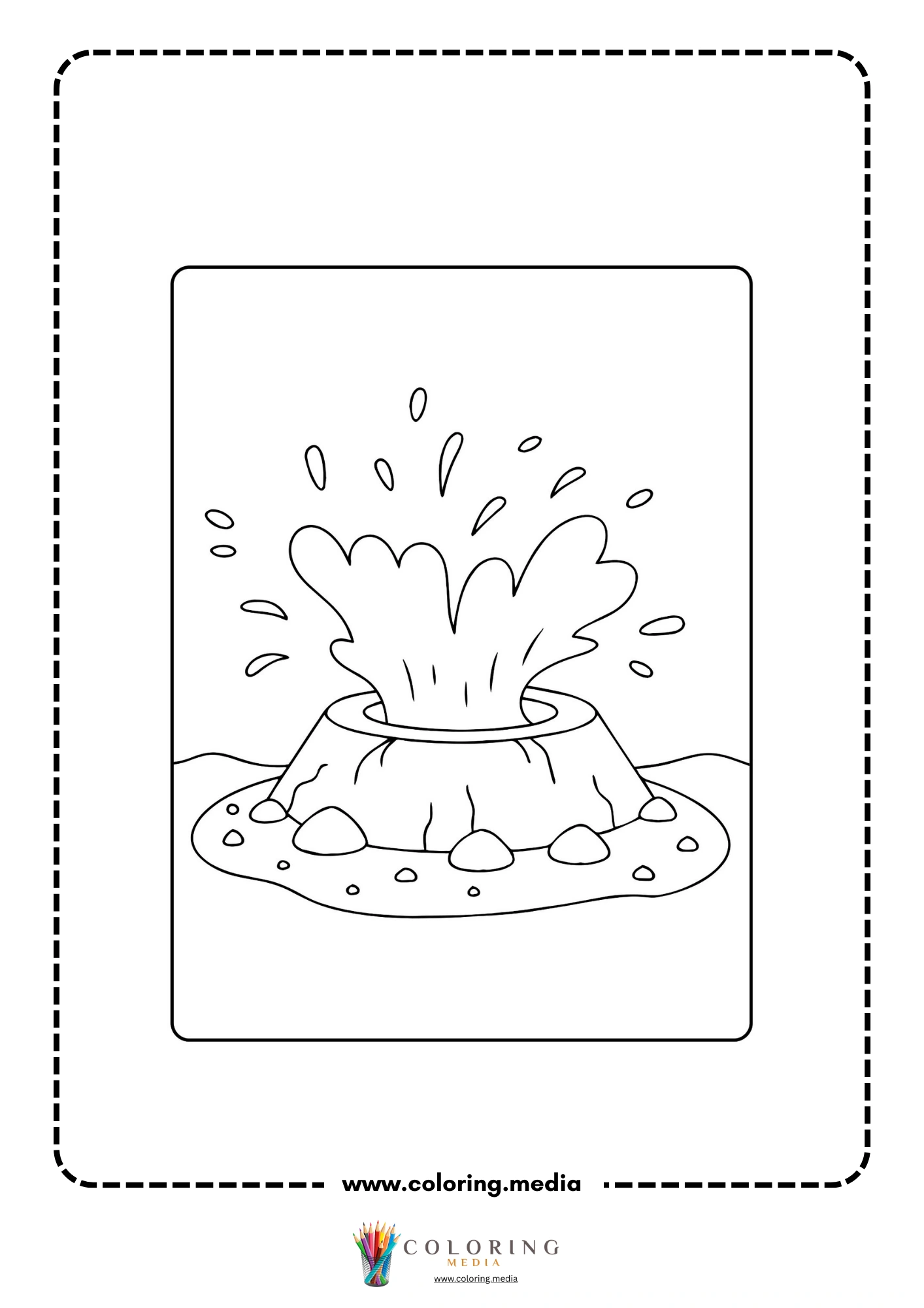 Volcano coloring page with simple erupting crater and lava splash