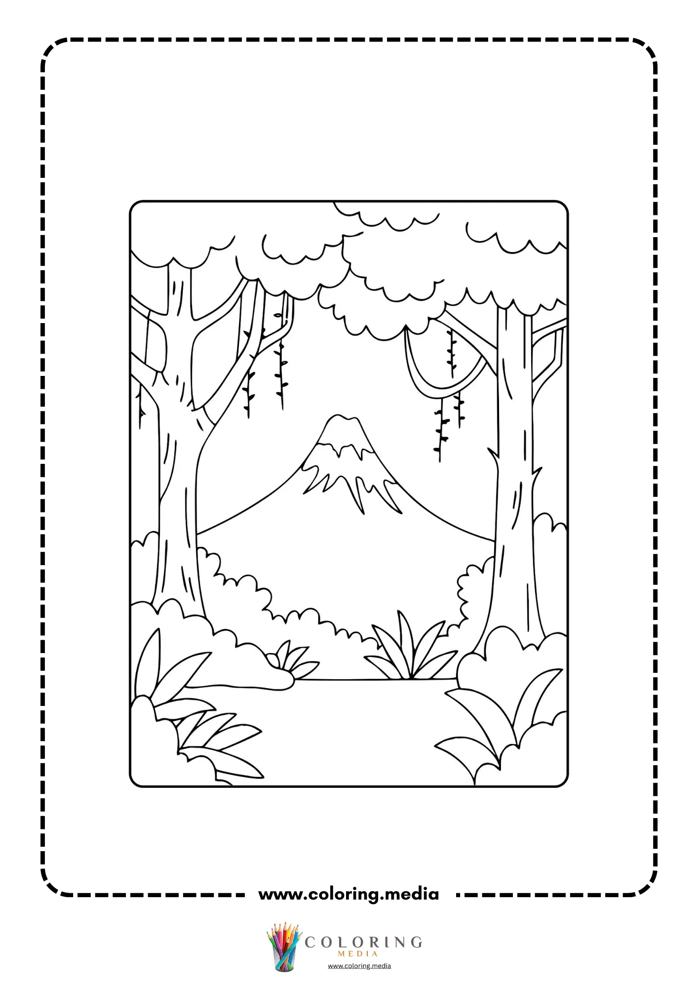 Volcano coloring page with simple cone volcano line art