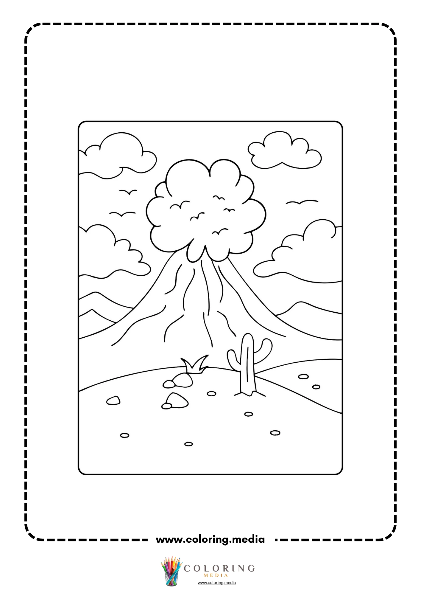 Volcano coloring page with eruption blast and falling rocks