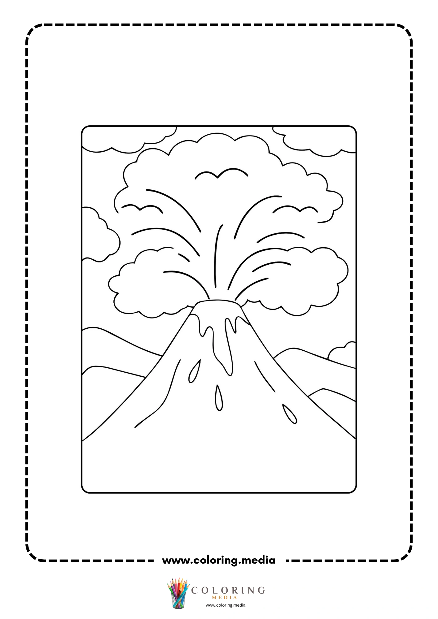 Volcano coloring page with volcano island and waves