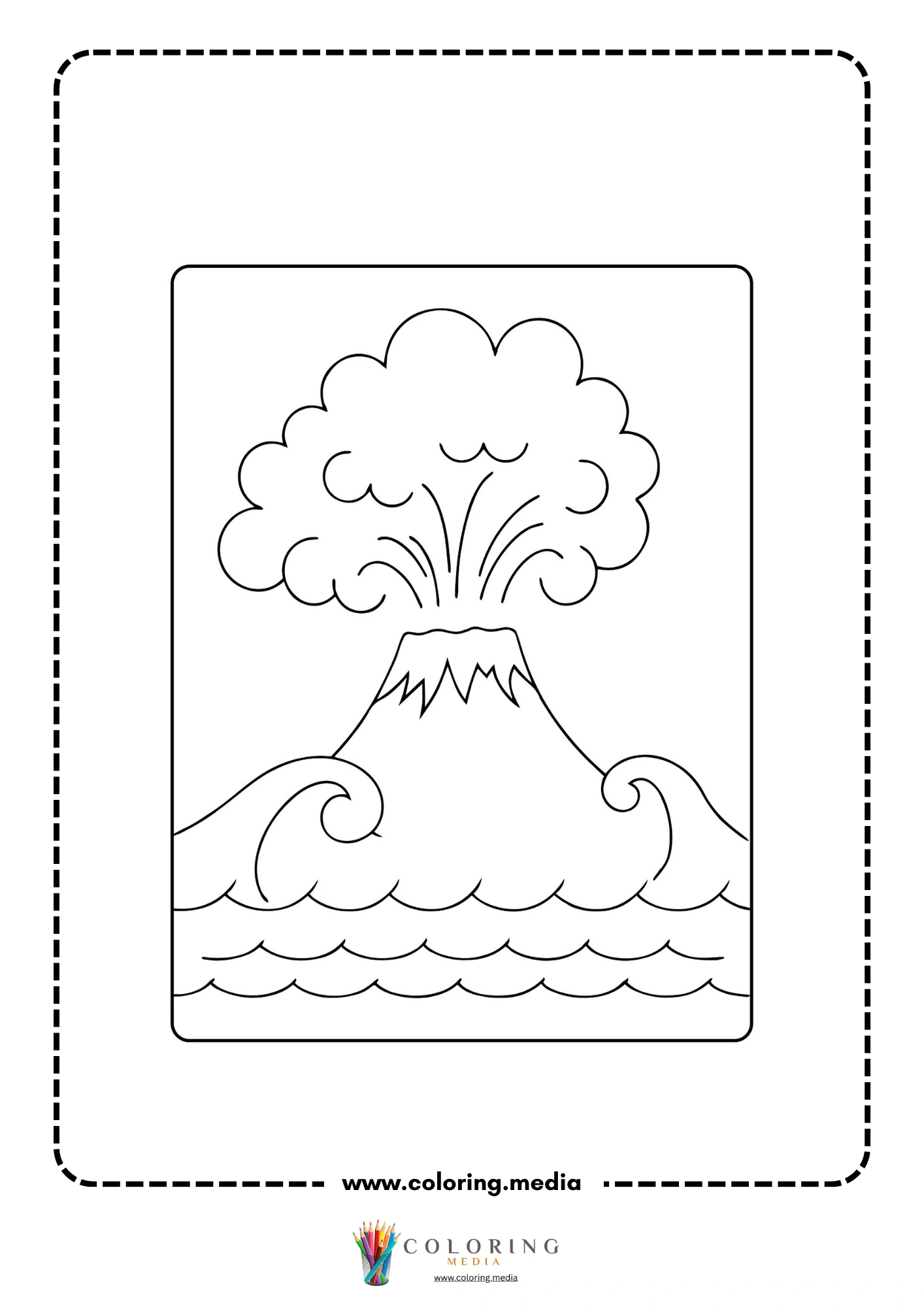Volcano coloring page with smoke plume and rocky ground