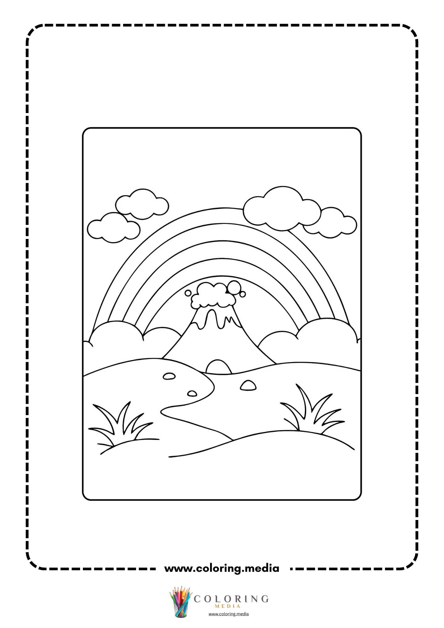 Volcano coloring page with dramatic lava burst