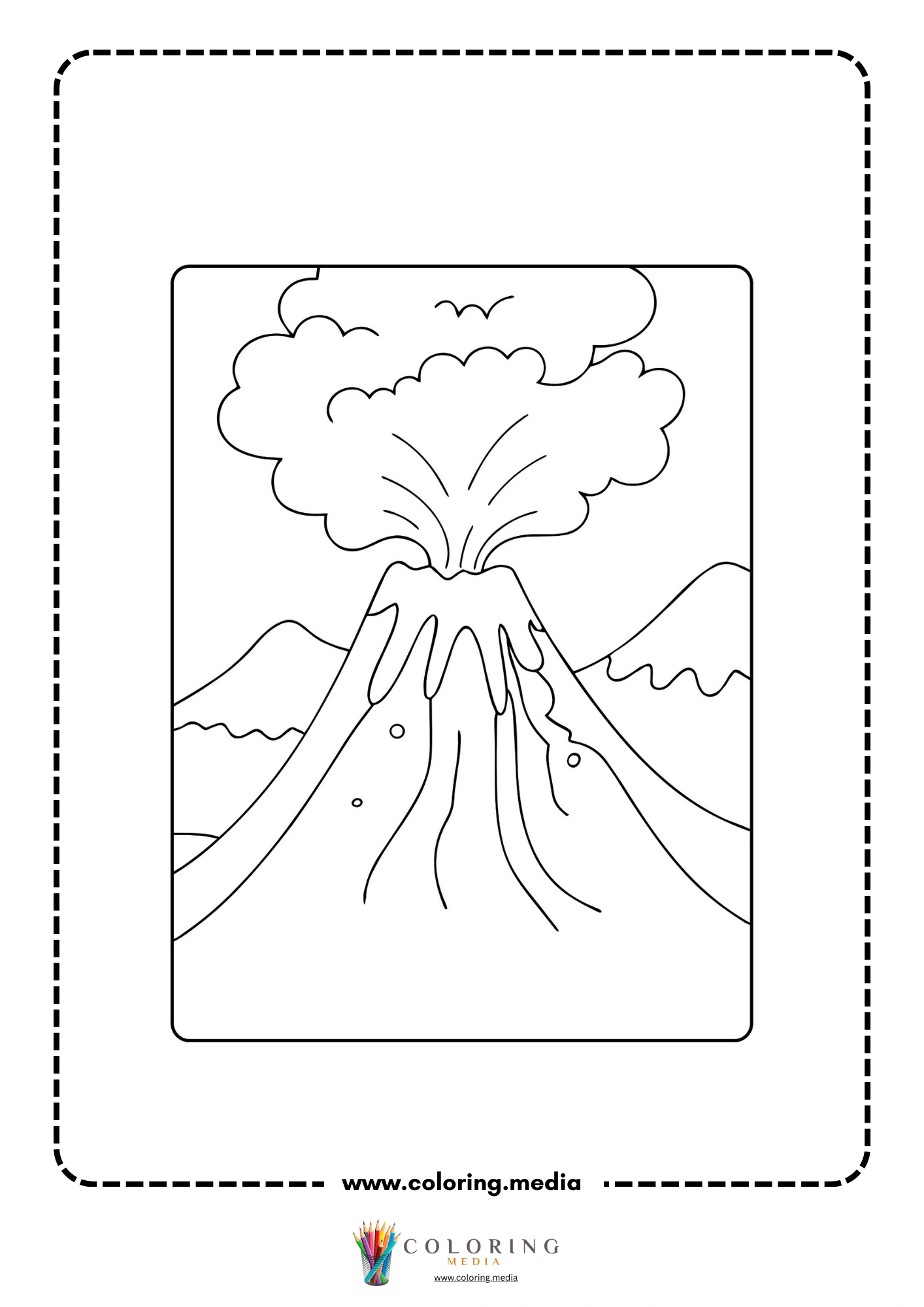 Volcano coloring page with mountain crater and ash clouds