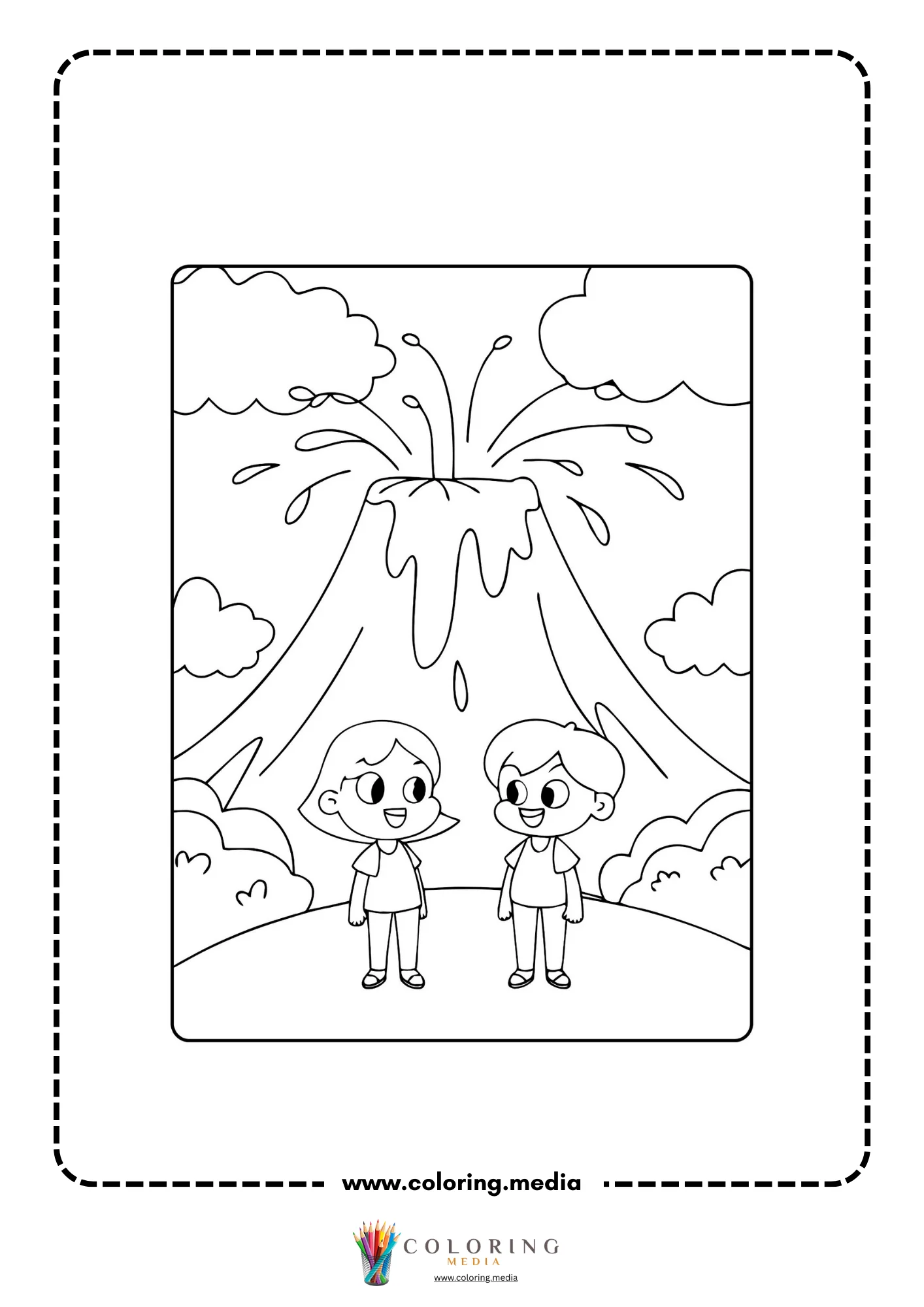 Volcano coloring page with lava flowing through a valley