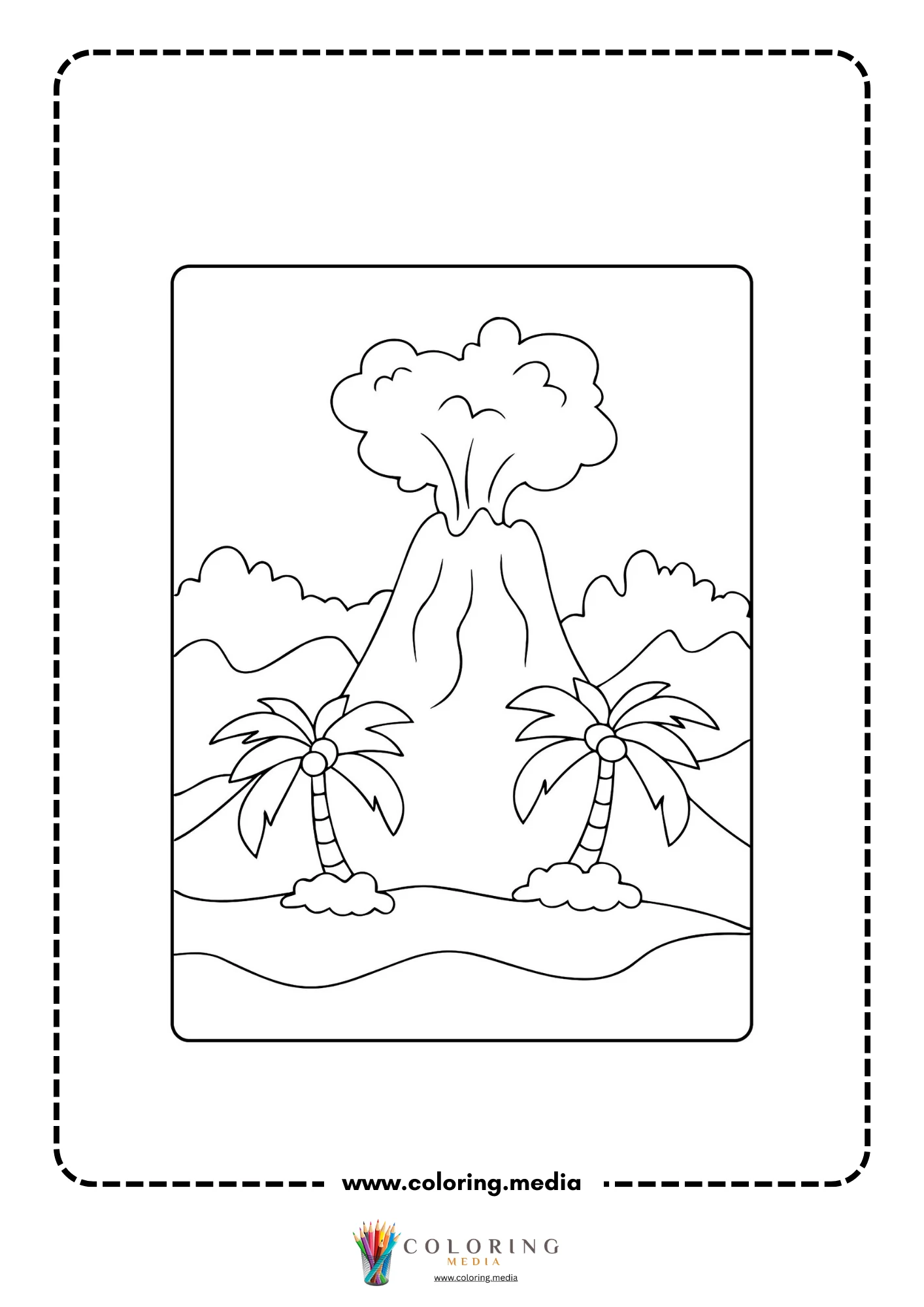 Volcano coloring page with volcano and distant hills
