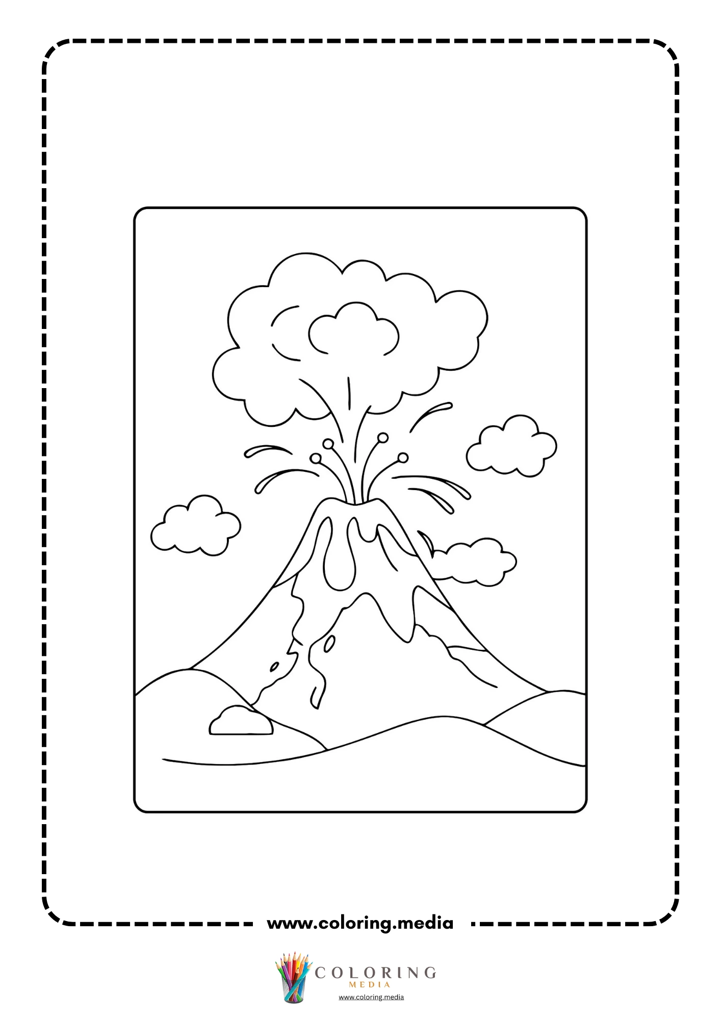 Volcano coloring page with eruption cloud and small stones