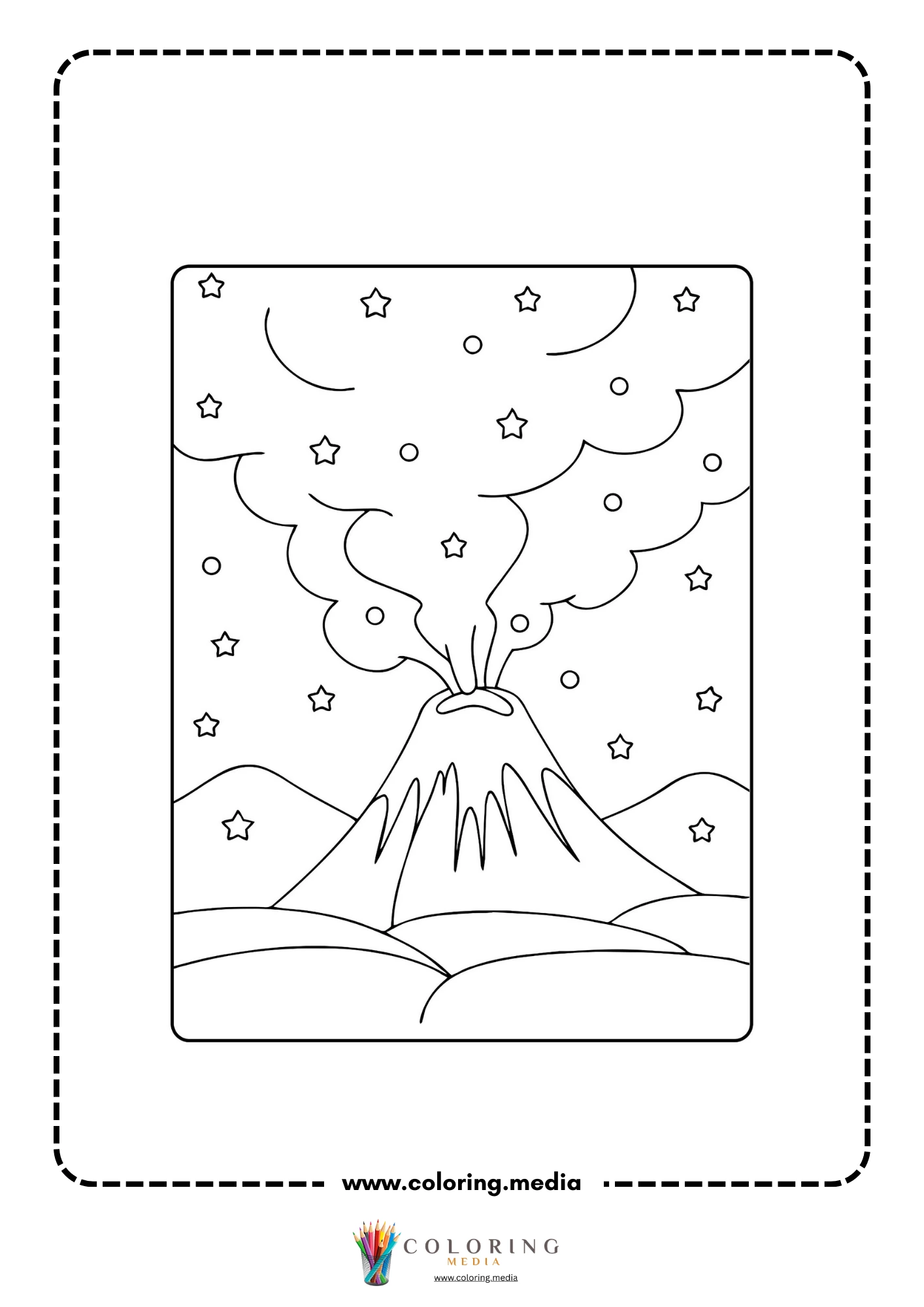 Volcano coloring page with cute volcano face and smoke