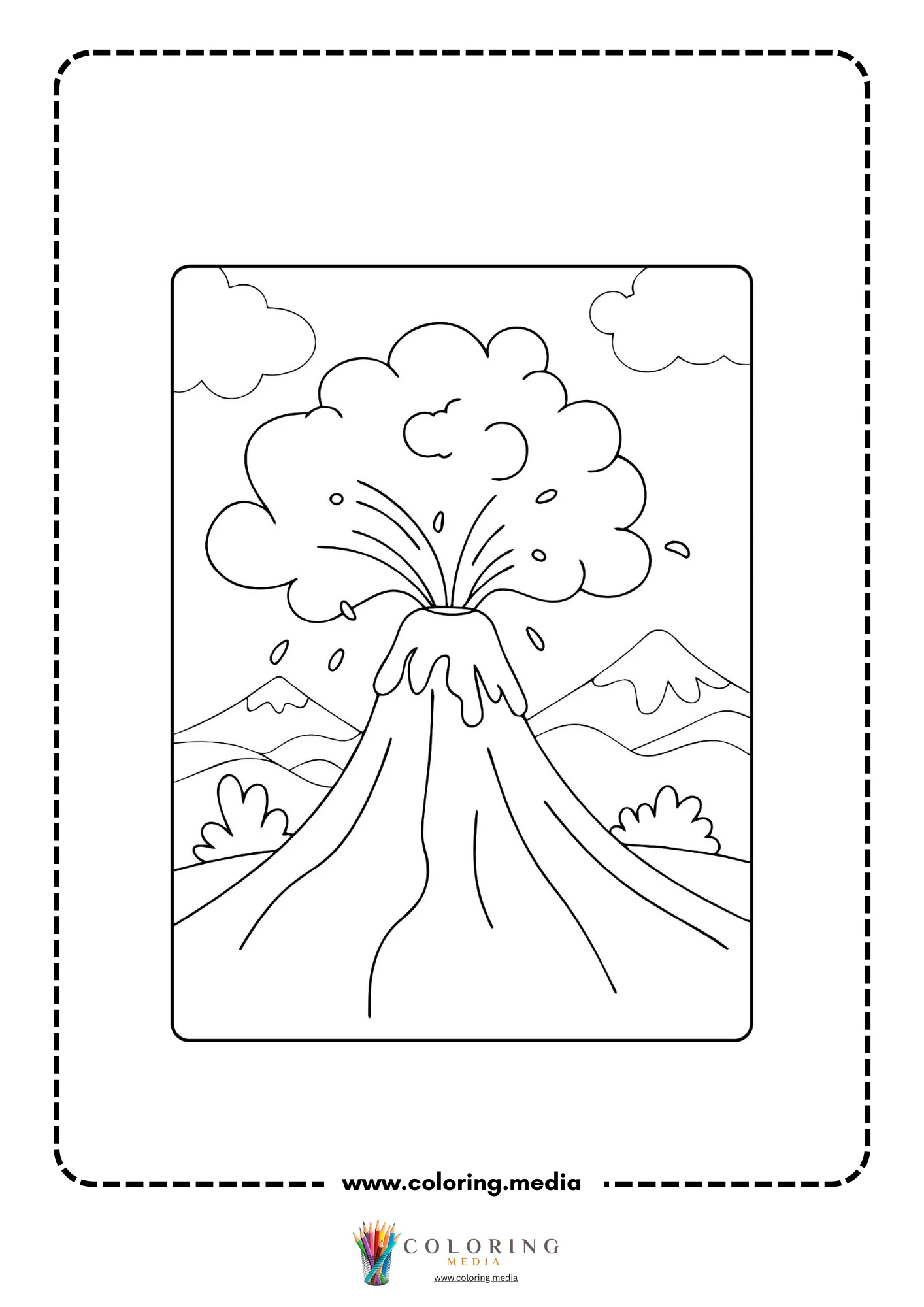 Volcano coloring page with mountain eruption and smoke cloud