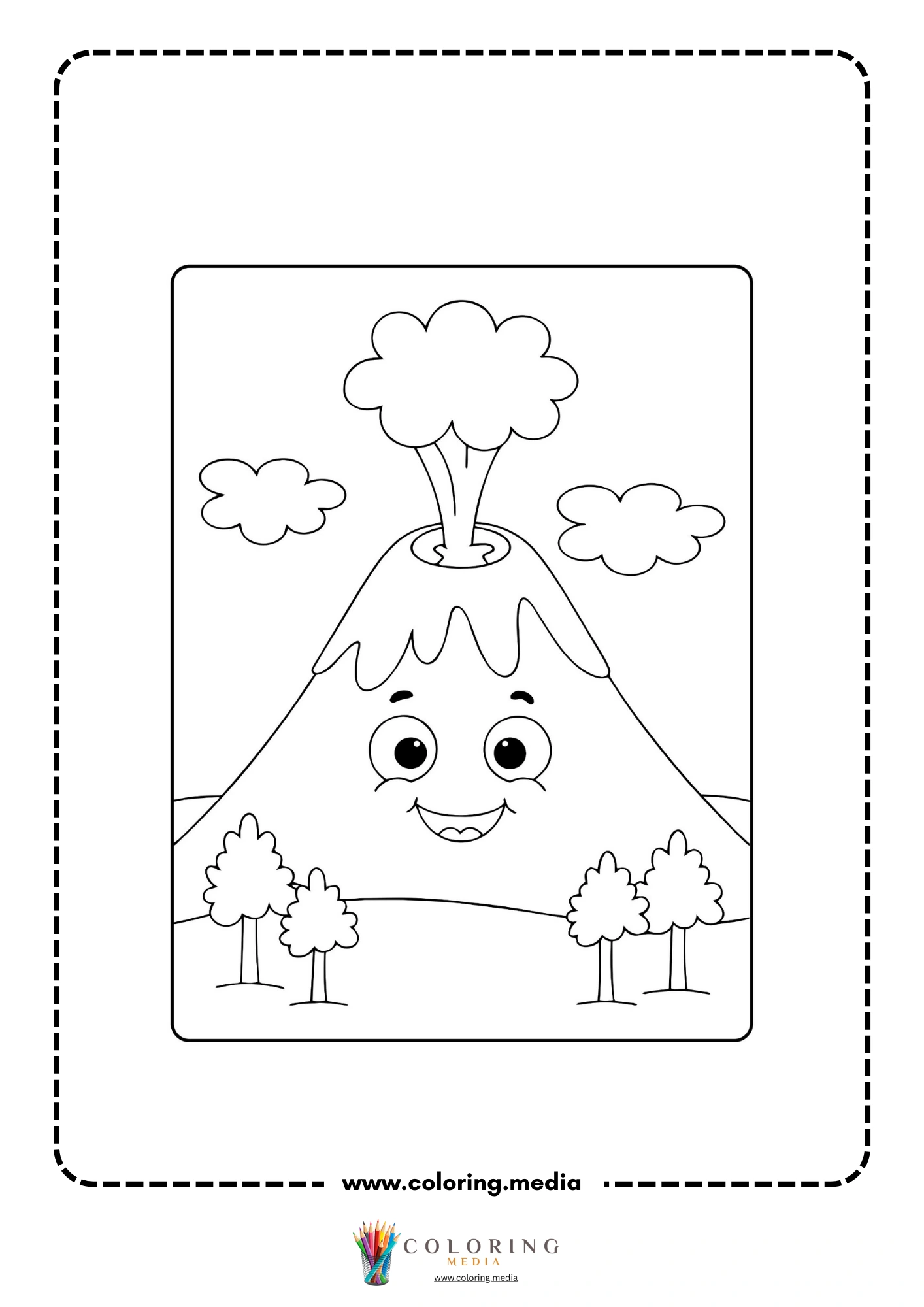 Volcano coloring page with smiling volcano and trees