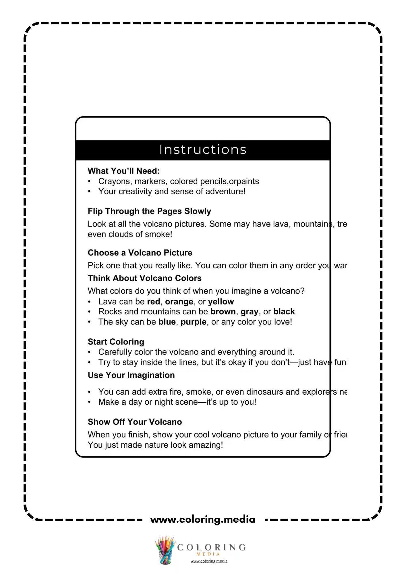 Volcano coloring page with wide volcano and lava stream