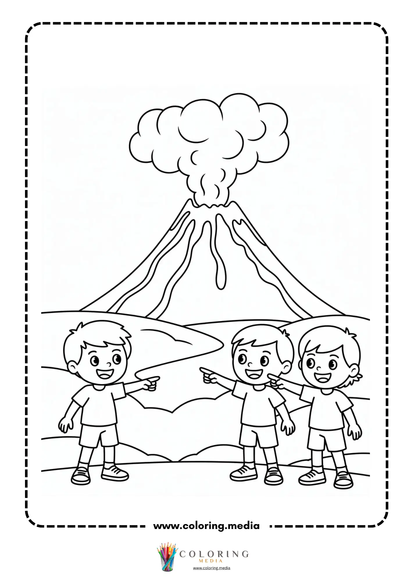 Volcano coloring page with crater smoke and simple landscape