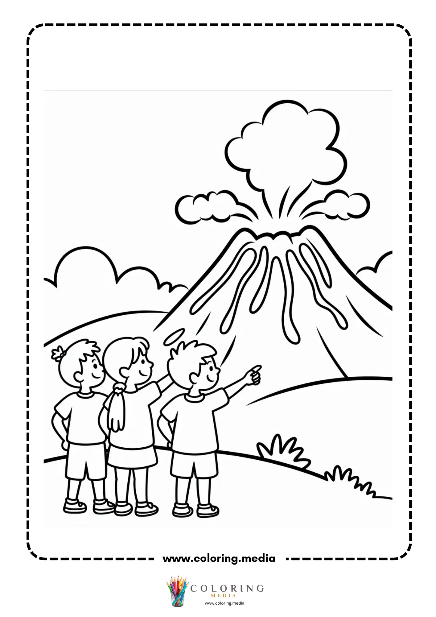 Volcano coloring page with erupting mountain and clouds