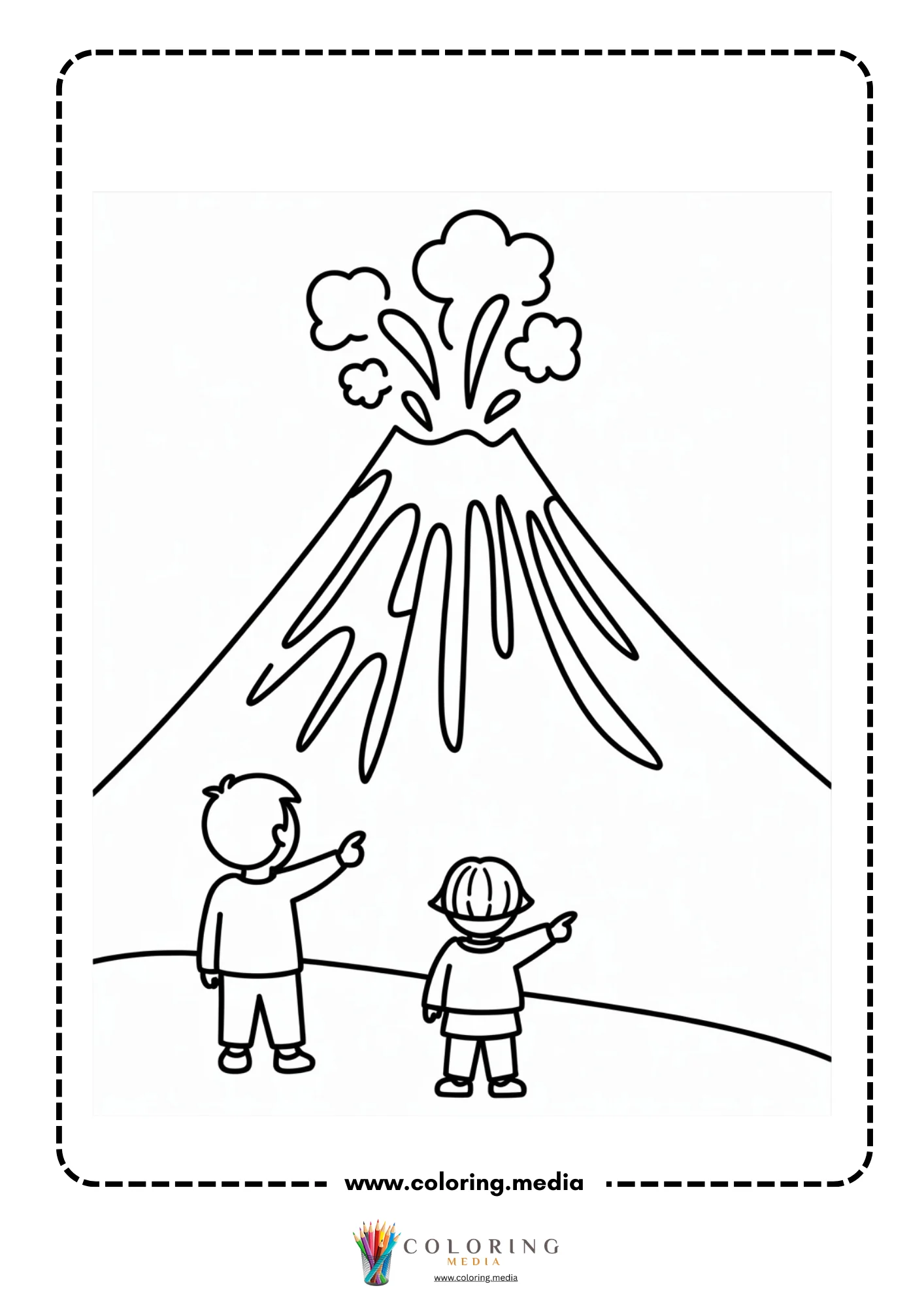 Volcano coloring page with lava splashes above the crater