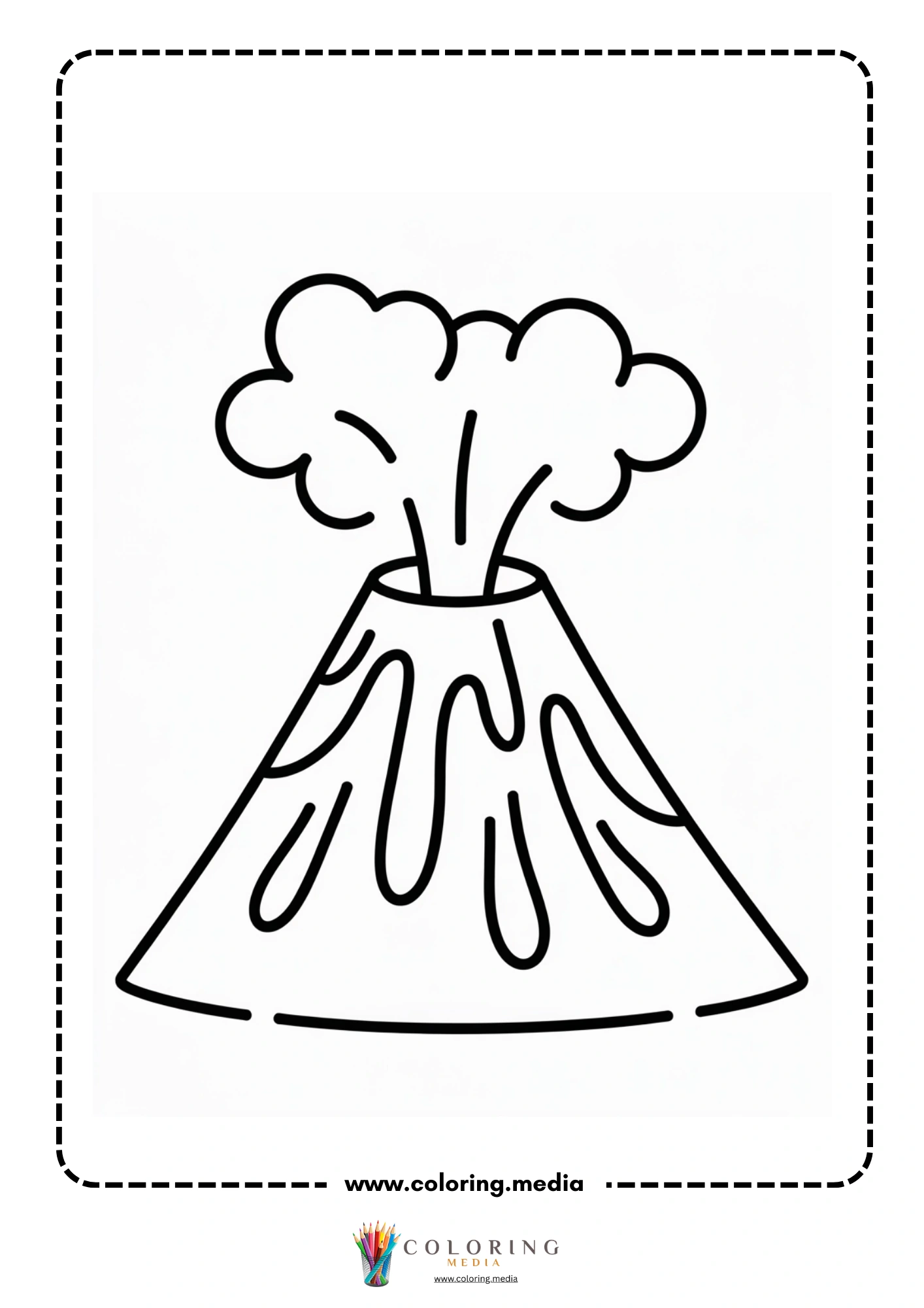 Volcano coloring page with ash cloud rising into the sky