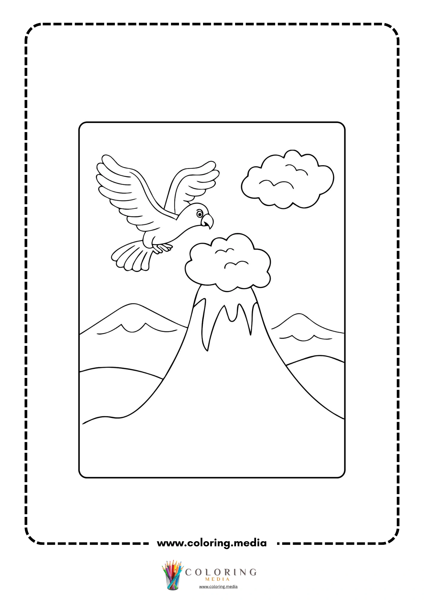 Volcano coloring page with lava flowing down the slopes