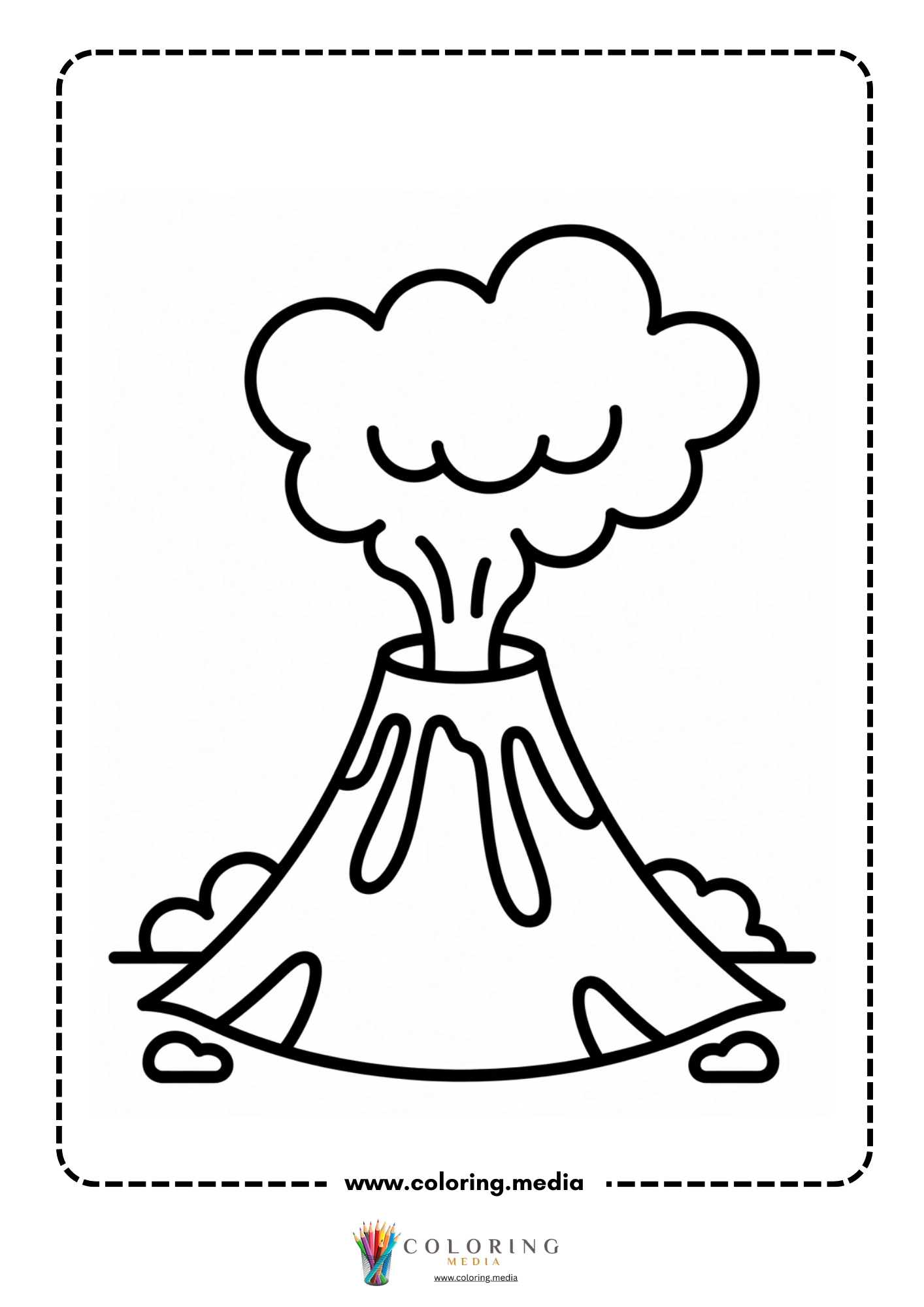 Volcano coloring page with eruption scene and ground cracks