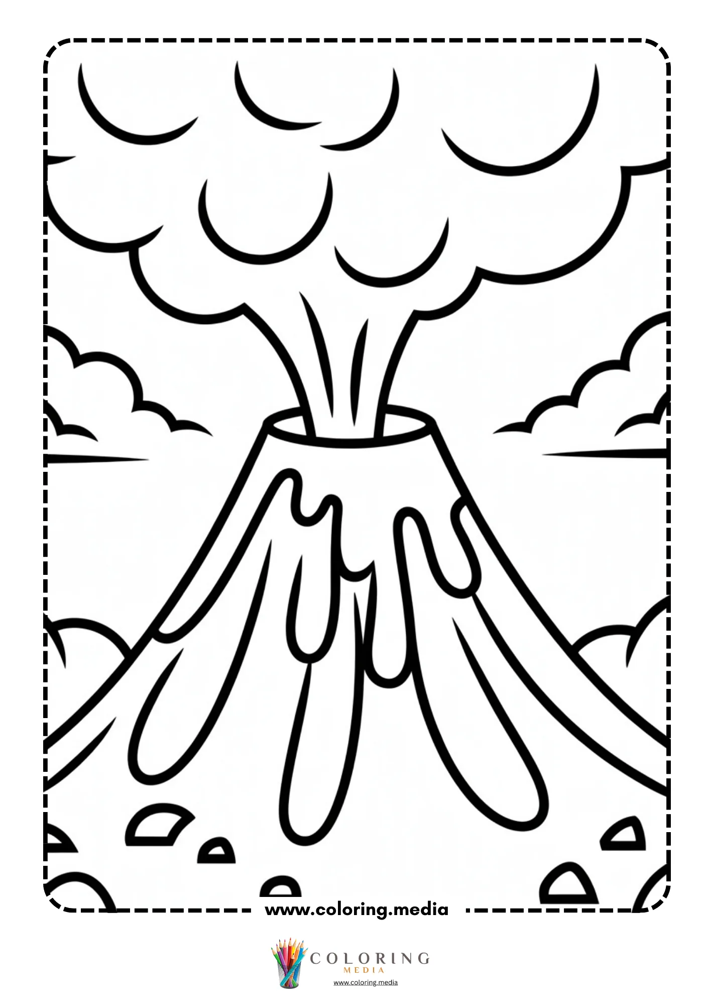 Volcano coloring page with lava flowing from crater