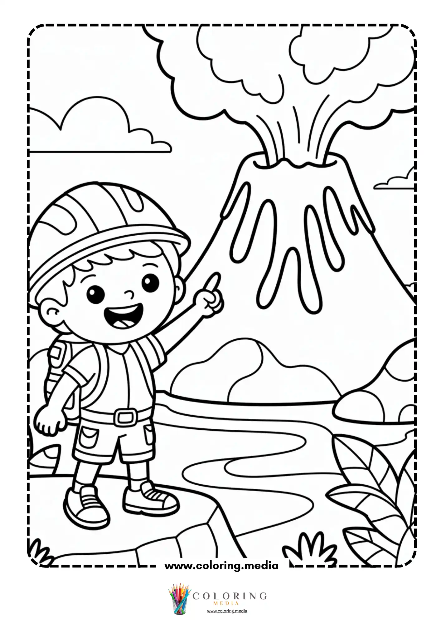 Volcano coloring page with simple volcano science scene