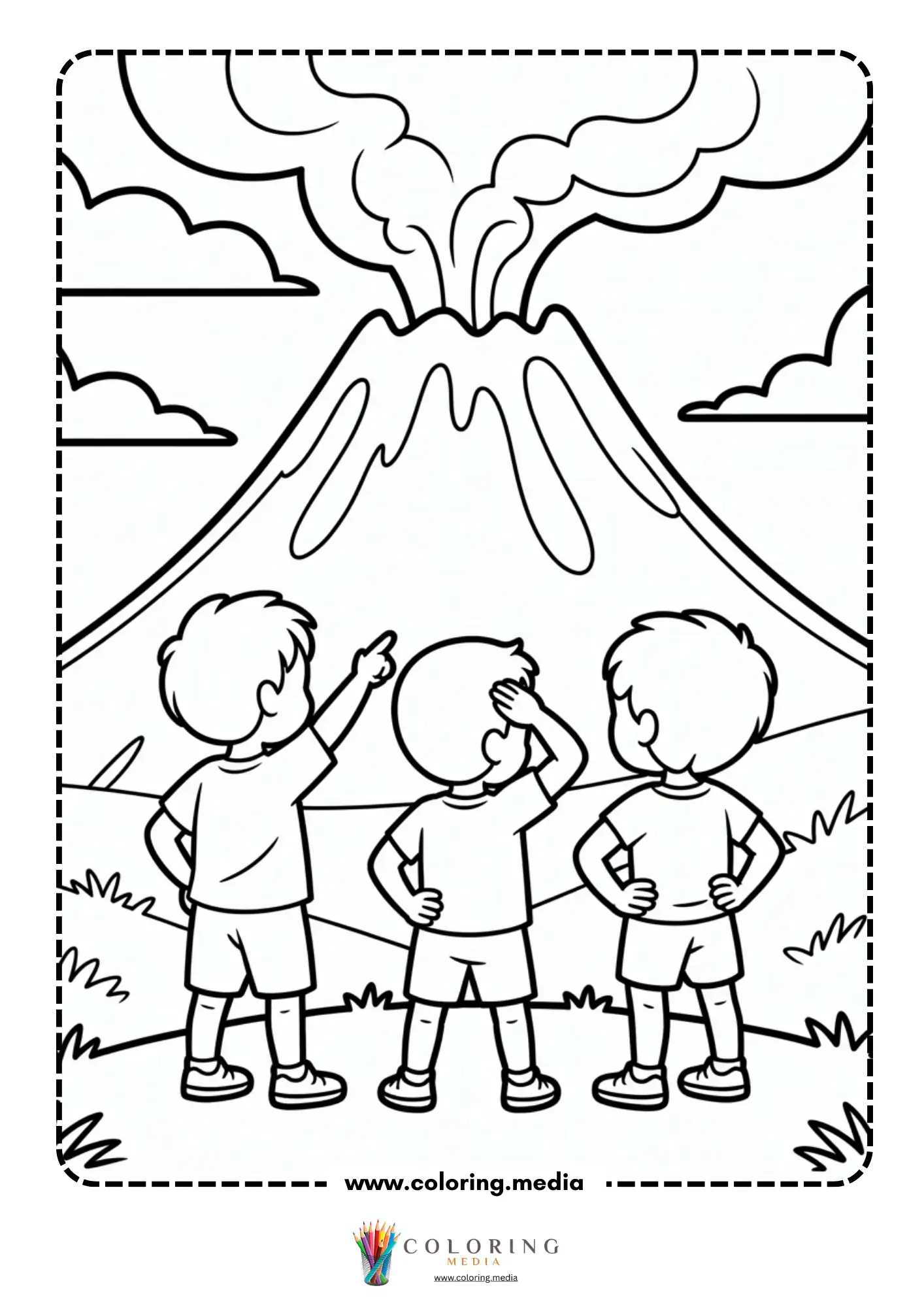 Volcano coloring page with friendly volcano and puffy smoke
