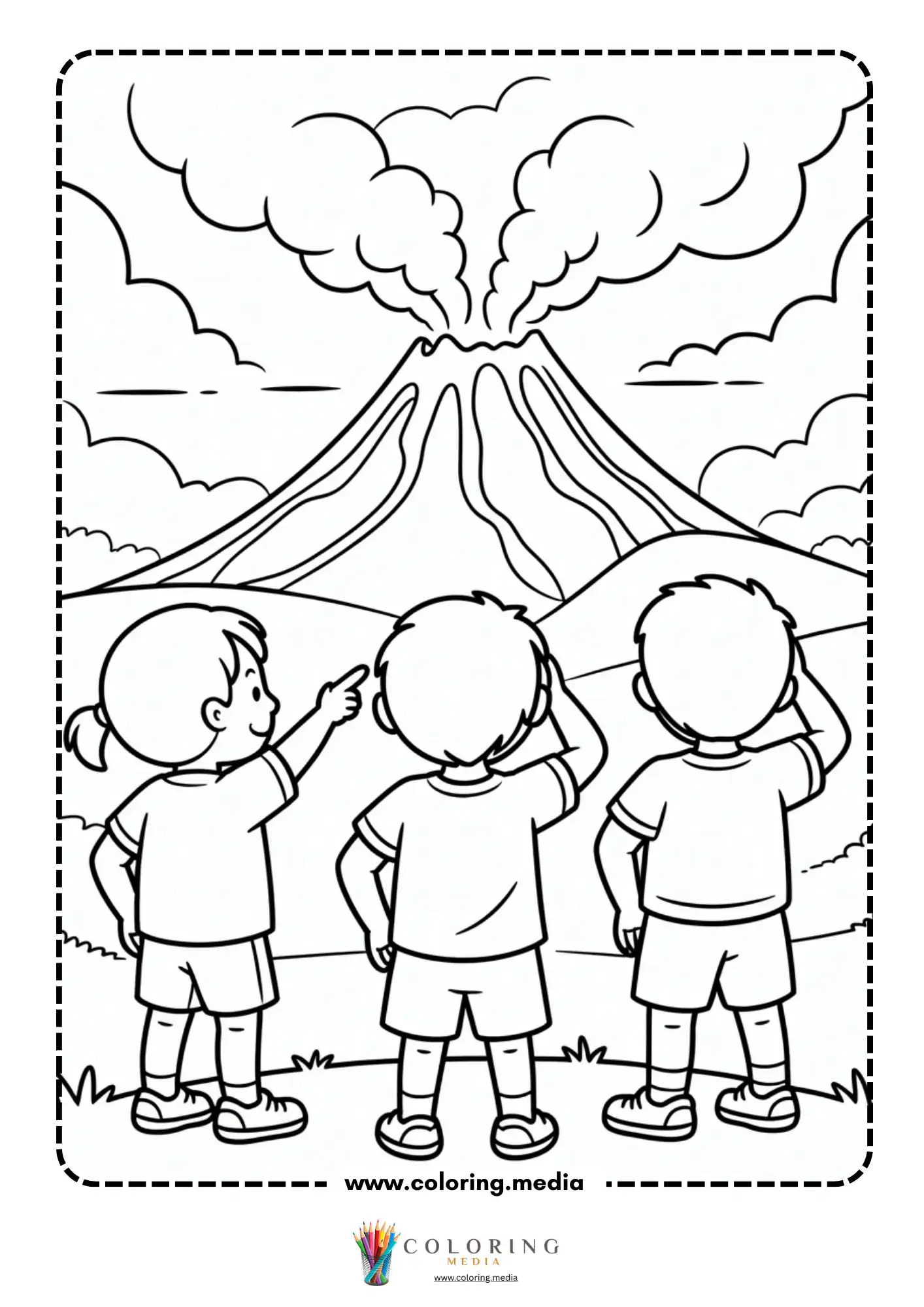 Volcano coloring page with large crater and lava spray